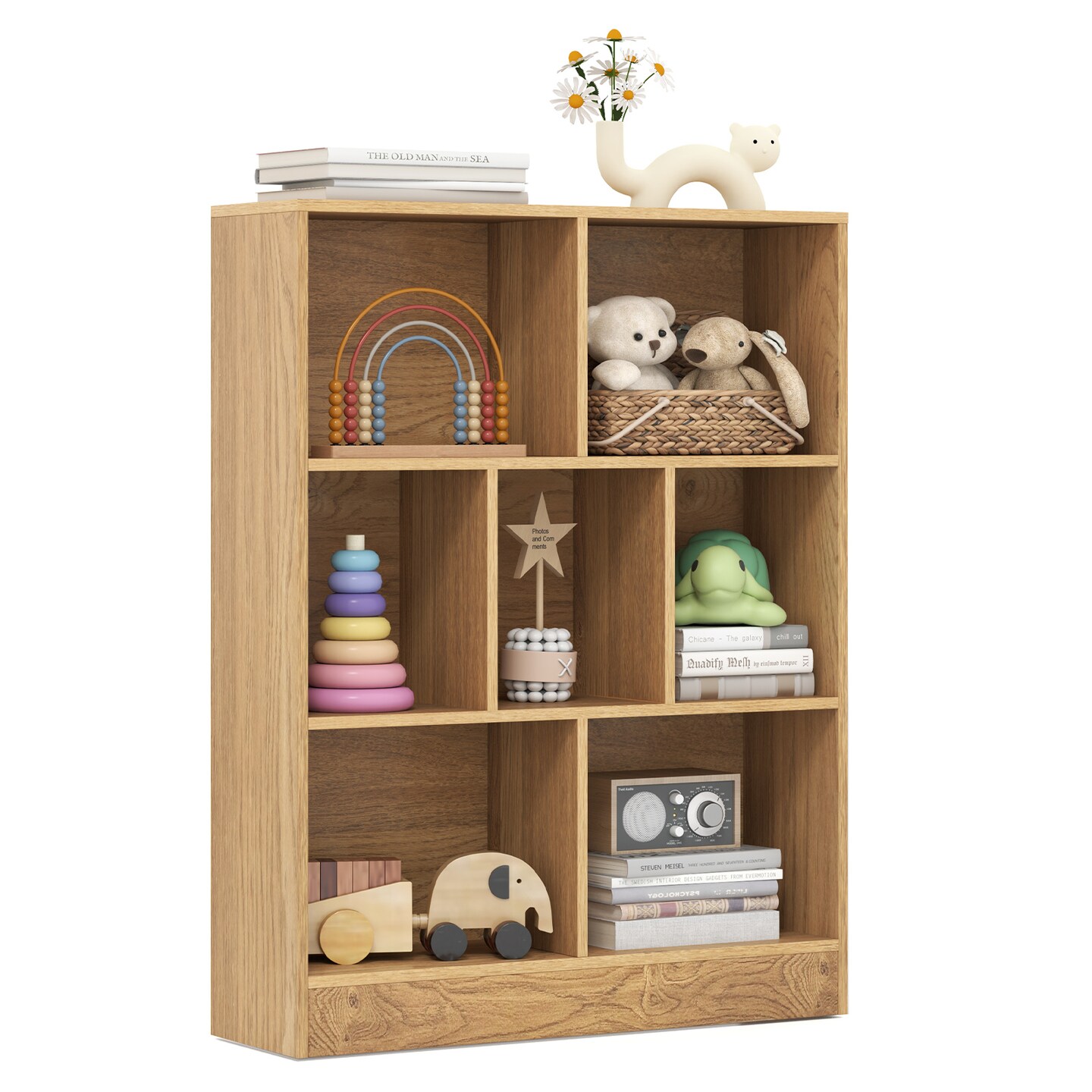 Natural Wooden Toy Storage Organizer with Open 7 Cubes Shelves for Kids Room Playroom or Daycare Use