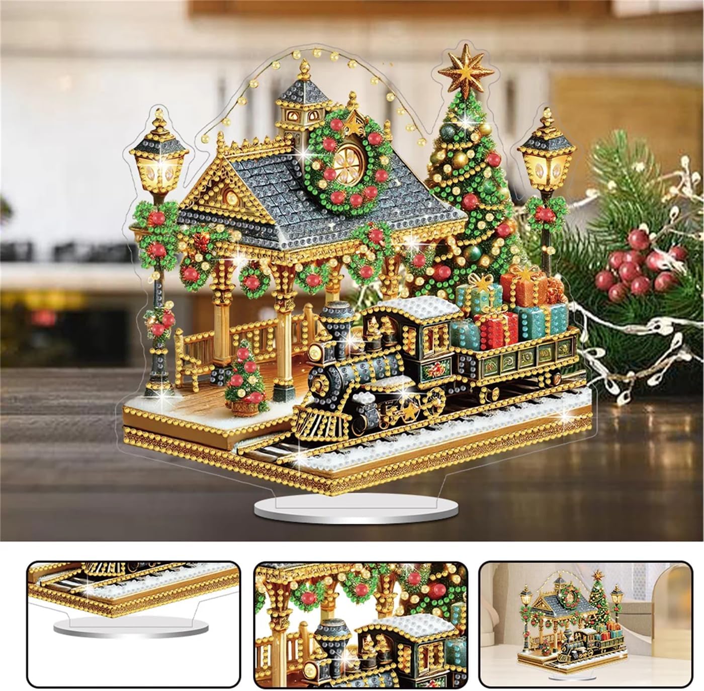 DIY Tabletop Diamond Art Painting Kit&#xFF0C;9.45x9.17inch Special Shaped Rhinestone Desk Placement Ornament&#xFF0C;Home Stand Up Gem Painting Craft Kit(Christmas Railway Station-1)