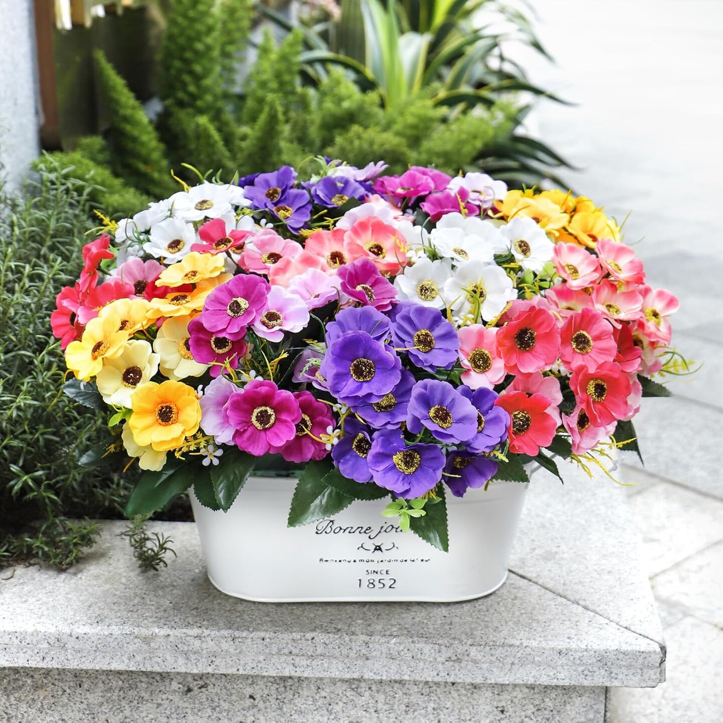 12 Bundles Artificial Flowers for Outdoors Decoration, Fake Daisy Silk Flowers UV Resistant Artificial Plants for Spring Summer Garden Porch Window Box Room Home Decor, Mixed Color