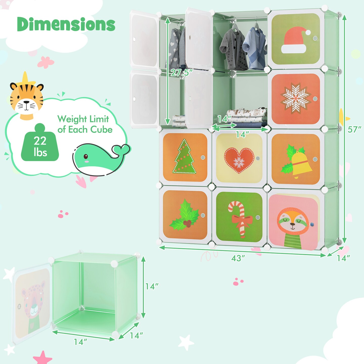 12 Cube Kids Storage Closet with Hanging Pole and Cartoon Doors