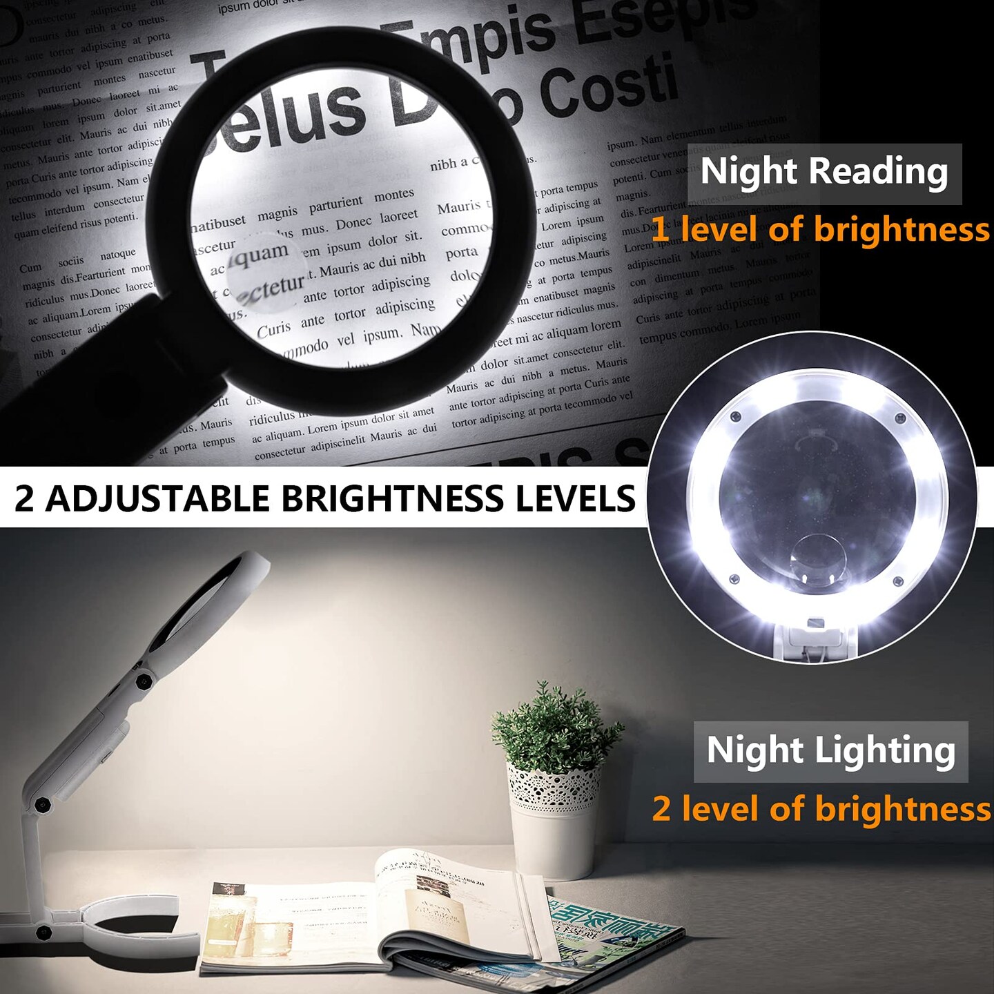30X 10X Magnifying Glass with Light and Stand, Foldable Handheld Magnifying Glass &#x26; 2 Level Dimmable for Macular Degeneration, Seniors Reading, Close Work, Coins, Jewelry, Powered by Battery or USB