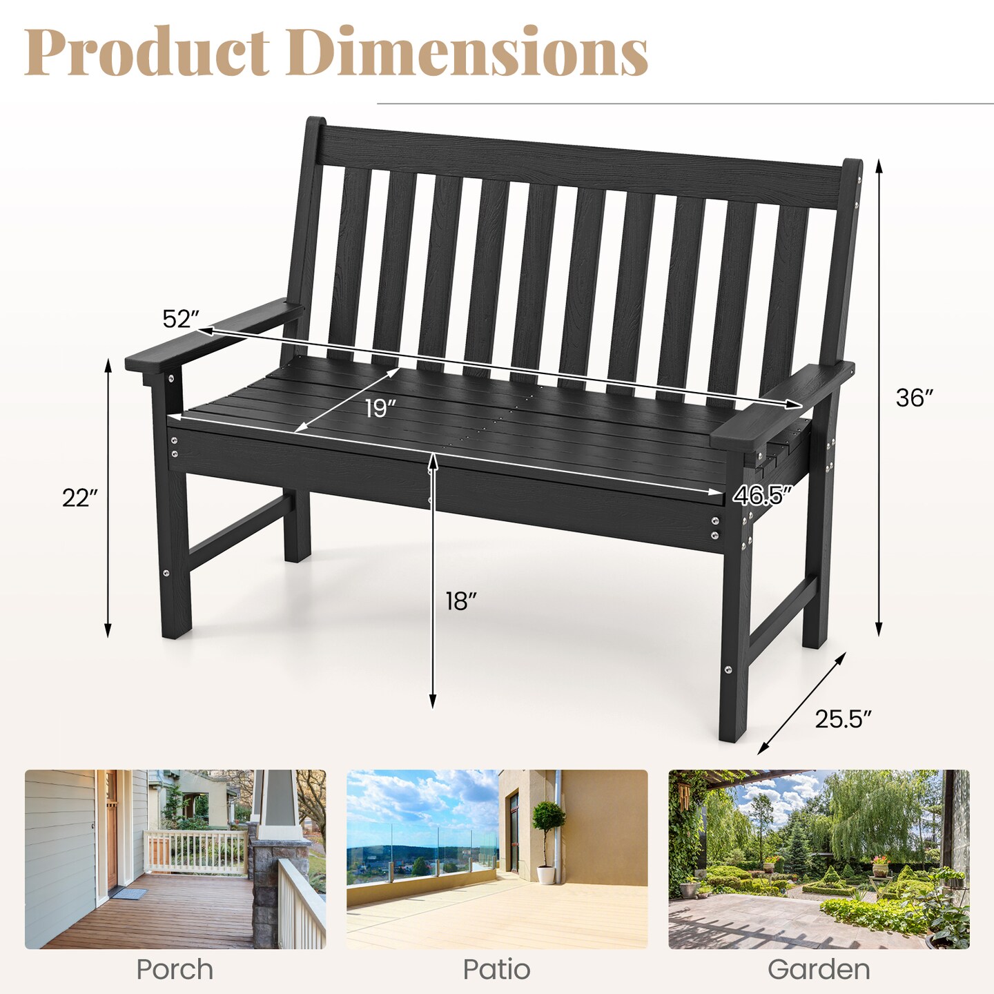 52" Waterproof HDPE Curved Seat Bench with Armrests 2-Seater Patio Loveseat for Garden or Backyard
