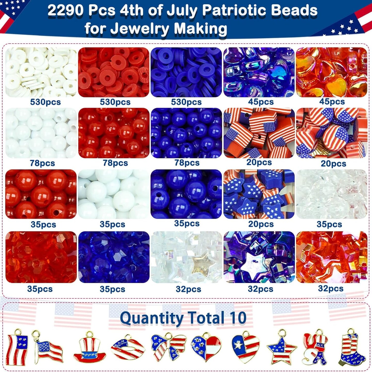 2290Pcs 4th of July Red White Blue Beads Bracelet Making Kit Independence Day Patriotic Clay Heishi Beads Star Heart Charms with America Flag Heart Hat Pendant Accessories for DIY Jewelry Making