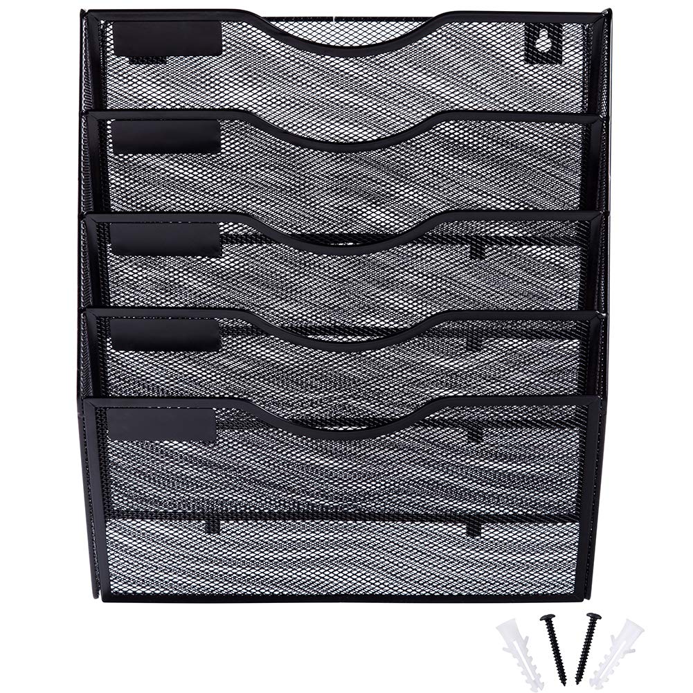 5 Pocket Mesh Hanging Wall File Organizer, Wall Mounted Mail Paper Document Folder Holder, Clipboard Storage Organization Magazine Rack with Nametag Label for Office Home School, Black