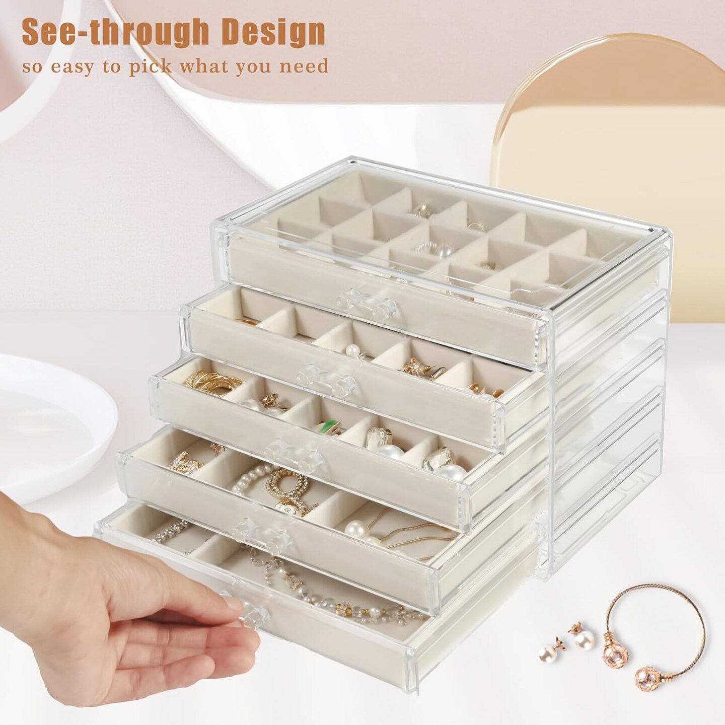 5-Drawer Clear Jewelry Box for Women & Girls – Acrylic Organizer with Velvet-Lined Trays for Rings, Earrings, and Accessories (Warm White)