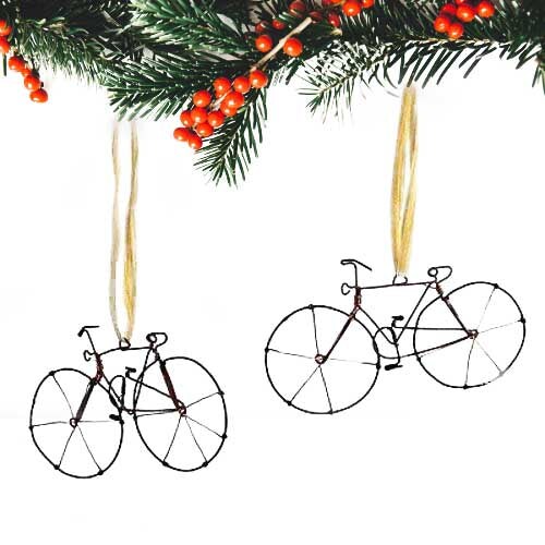 4” Set of 2 Handmade Black Wire Bicycle Ornaments Hanging Holiday Decor with Raffia Loop
