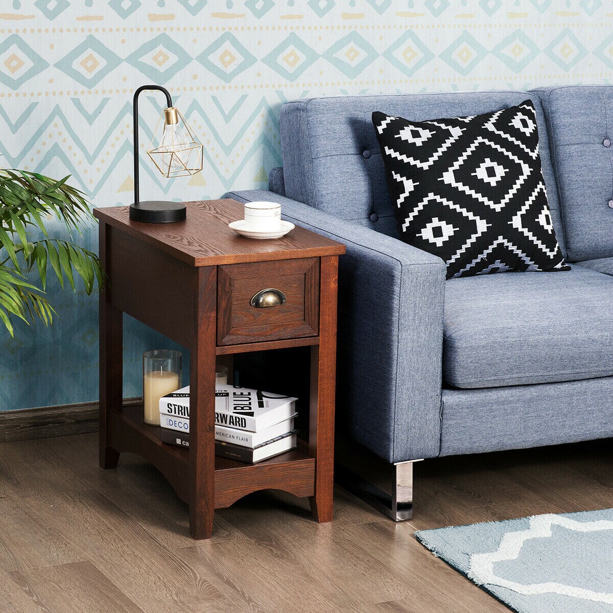 Modern Narrow End Table with Storage Drawer and Display Shelf