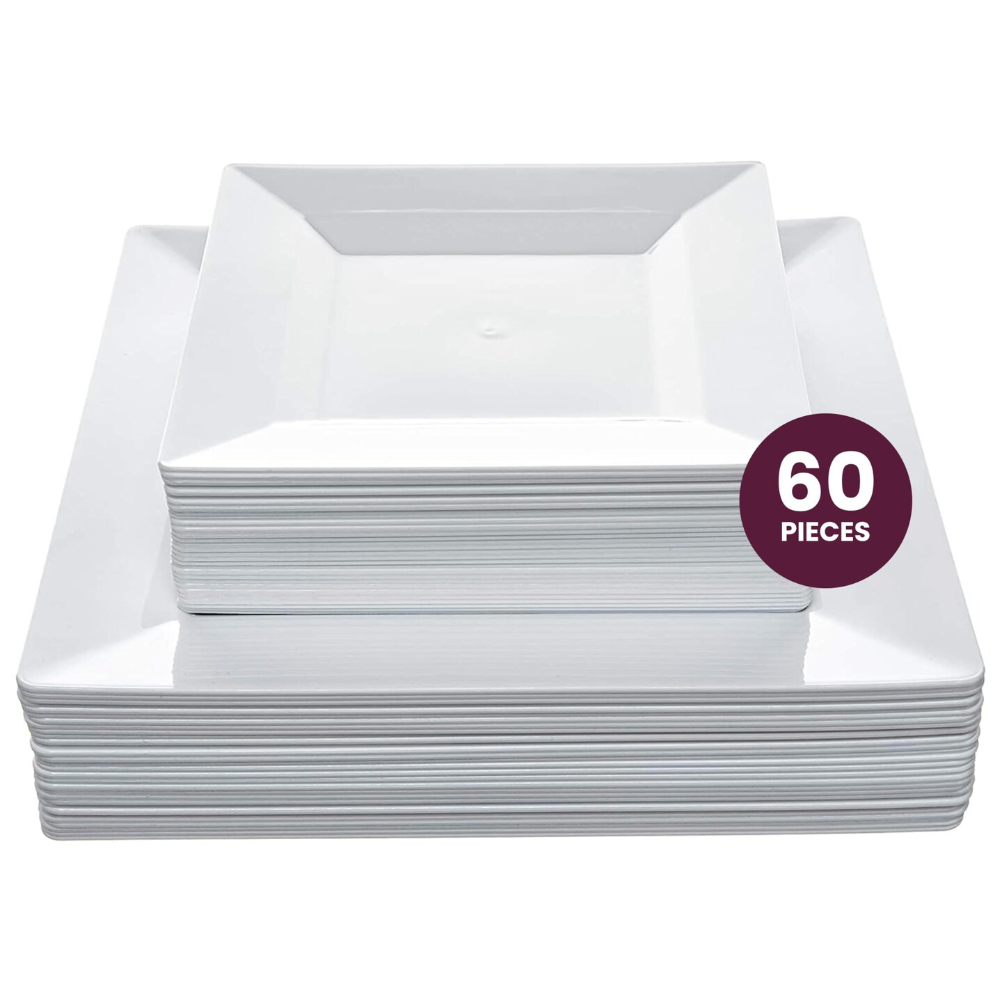 60ct White Square Disposable Plates - Heavy Duty Plastic Party Plates for Christmas, Thanksgiving (30 Dinner &#x26; 30 Salad)