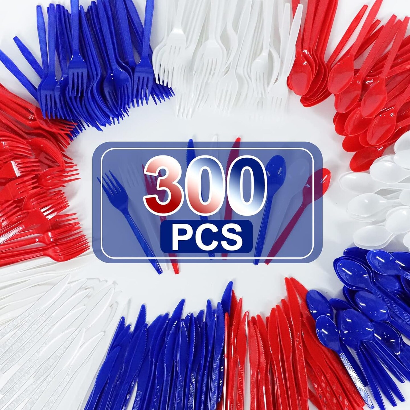 300 Pcs Patriotic American Flag Party Supplies, 4th of July Disposable Plastic Cutlery Set 100 Spoons 100 Forks 100 Knives Memorial Day Decorations Red White Blue Utensil Flatware Independence Day