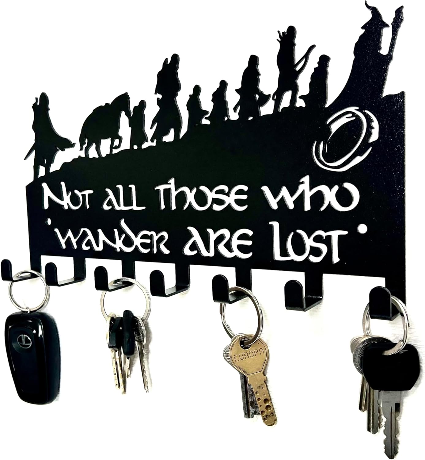 Decorative Metal Wall-Mounted Key Holder with 7 Hooks – Sturdy Entryway Key Rack for Keys, Leashes, Belts, Purses & Coats (Black)