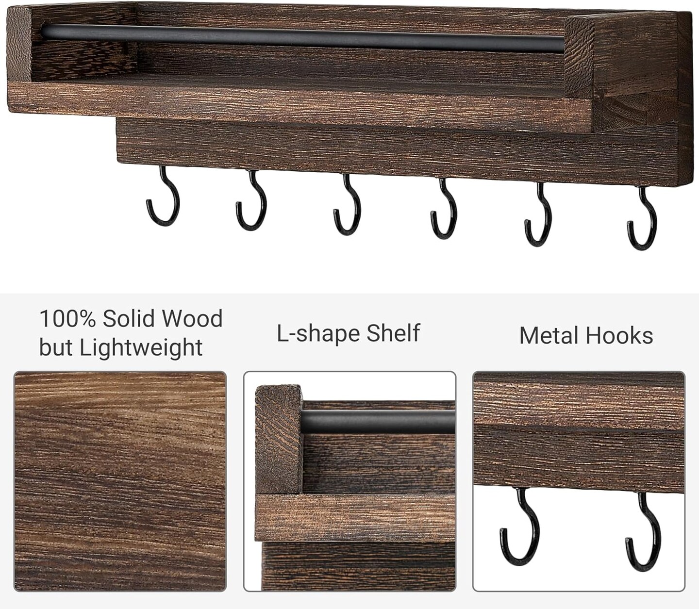 Key Holder for Wall 9.5" x 3.5" x 2.5" Small Rustic Wood Key Rack with 6 Hooks Decorative Display Keys Hanger Organizer for Entryway Living Room Bedroom Bathroom Office Home Decor