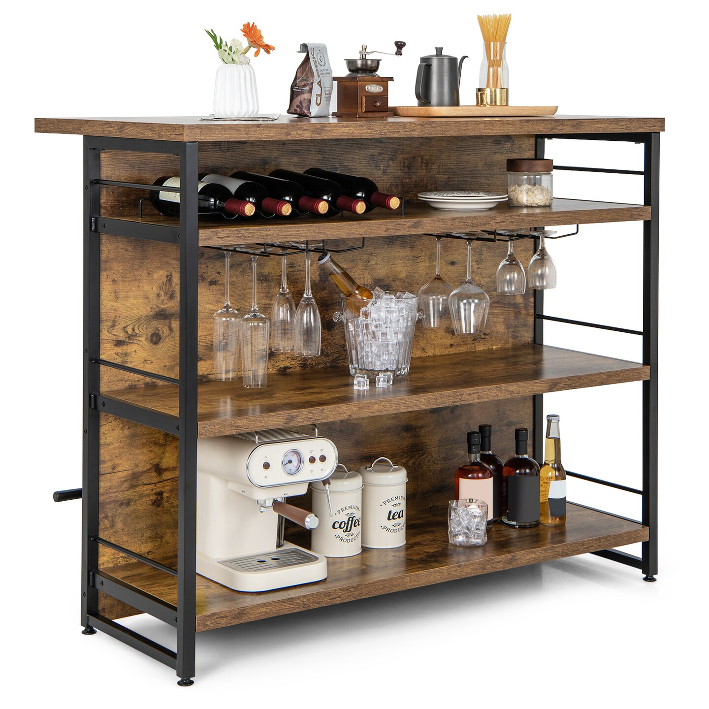 4-Tier Metal Frame Kitchen Island Table with Wine Storage Glass Holder and Comfortable Footrest