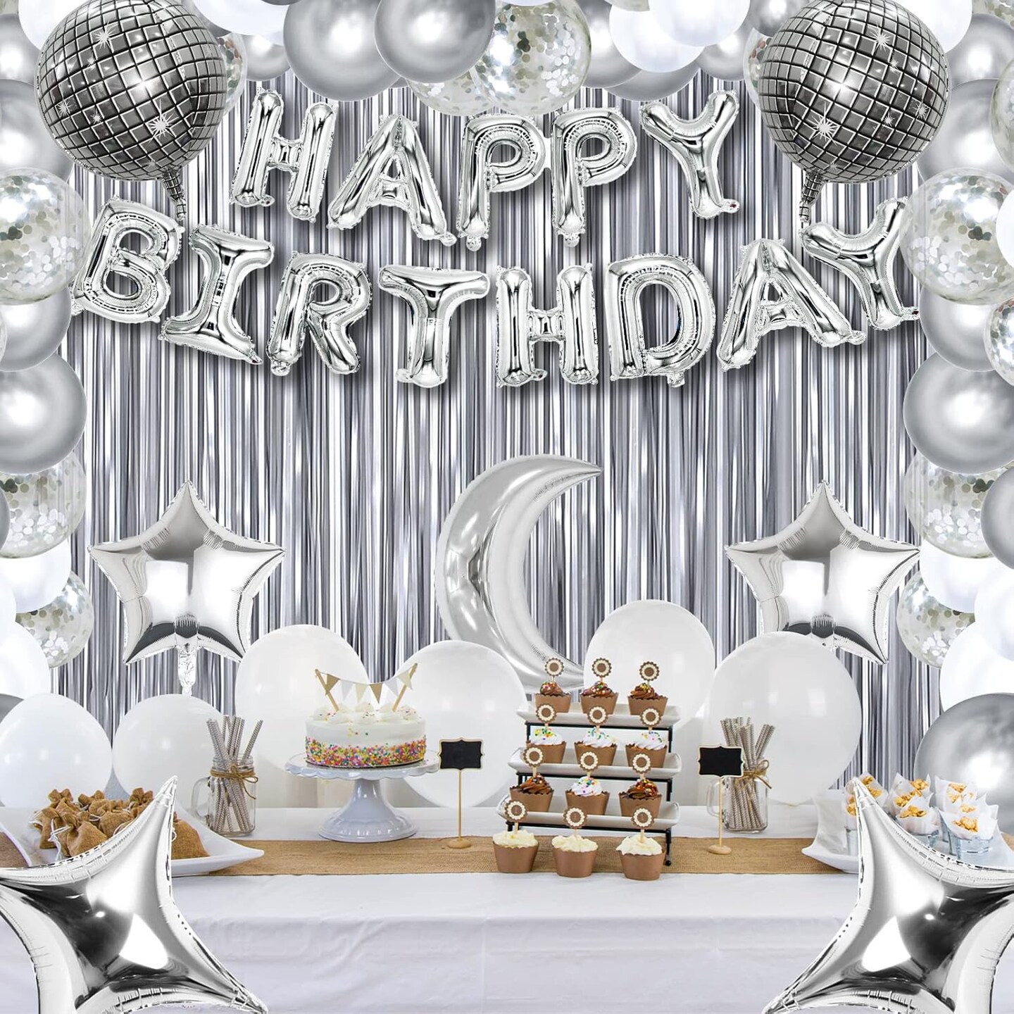 Disco Birthday Party Decorations - 87pcs Disco Happy Birthday Party Decorations Silver Backdrop Disco Birthday Balloons Ball Decor 60s 70s 80s Cool Retro Silver Birthday Decorations Women Men