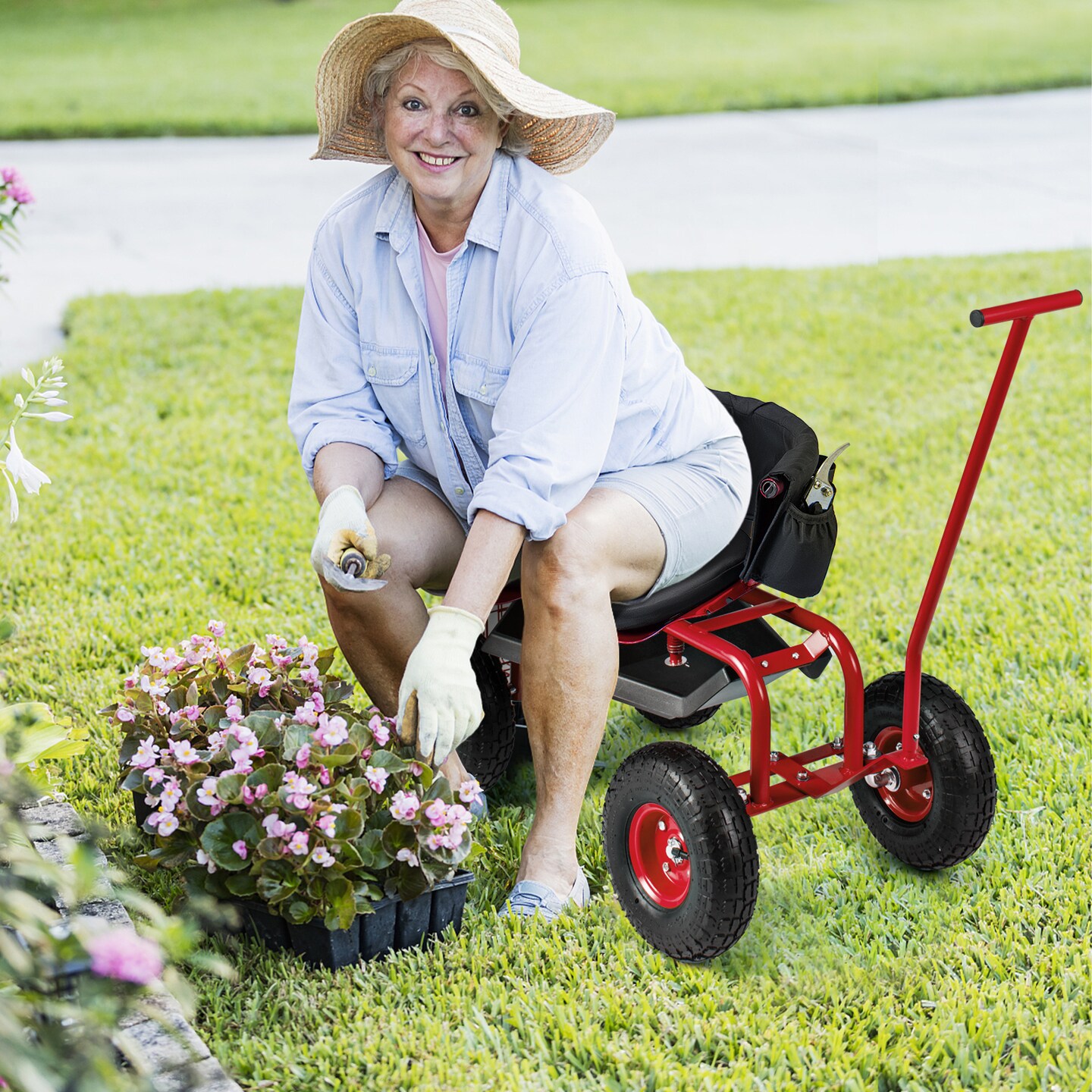 Multi-Purpose Heavy Duty Frame Rolling Garden Scooter with Comfortable Seat and Back Storage Basket