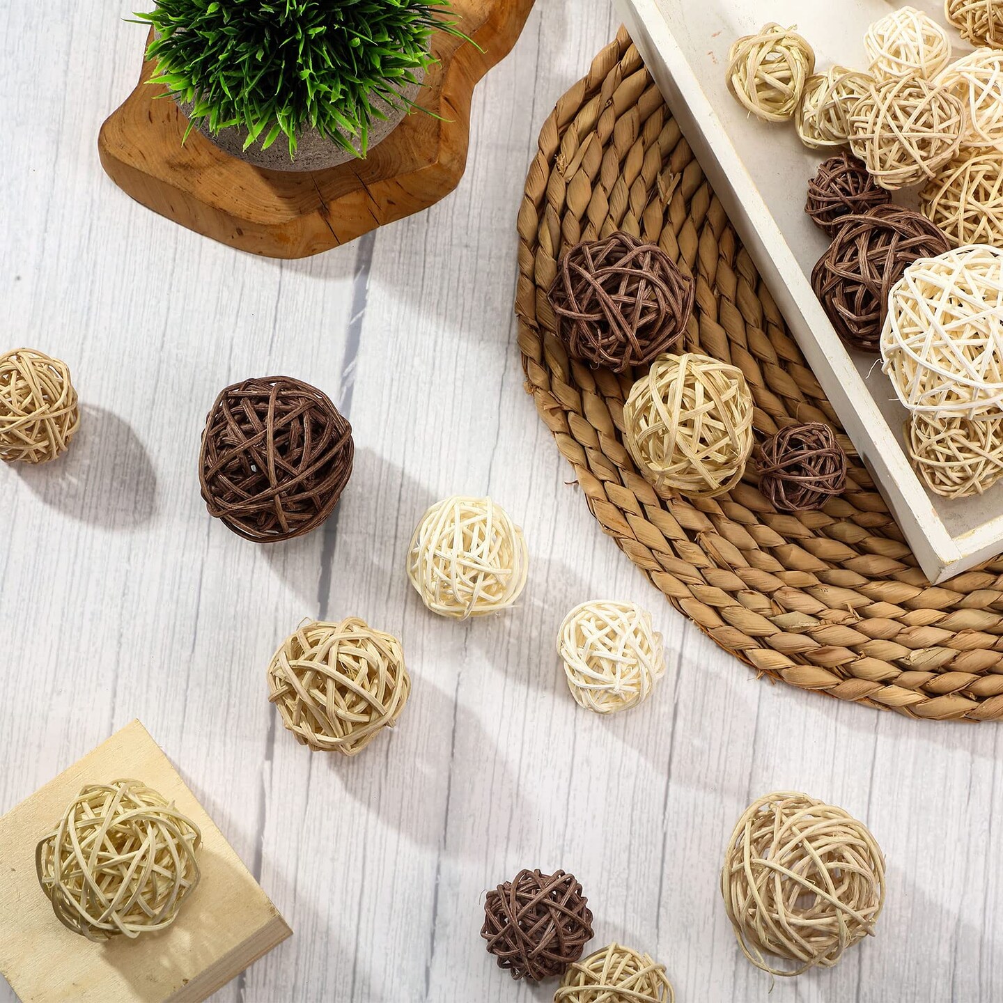 36 Pcs Wicker Rattan Balls Decorative Balls for Vase Centerpiece Bowls Orbs Filler for Home Decor,4 Sizes(White, Wood Color, Light Tan, Coffee)