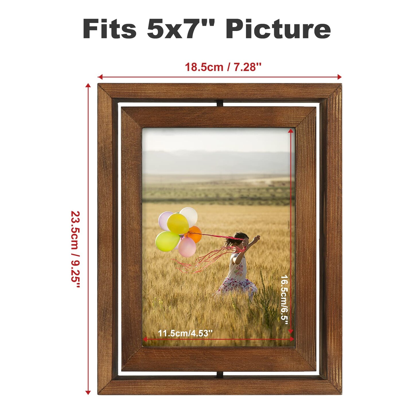 2 Pack 5x7 Rotating Floating Picture Frames,Double-Sided Display with HD Glass Front Wooden Distressed Frame for Vertical or Horizontal Tabletop Display, Carbonization