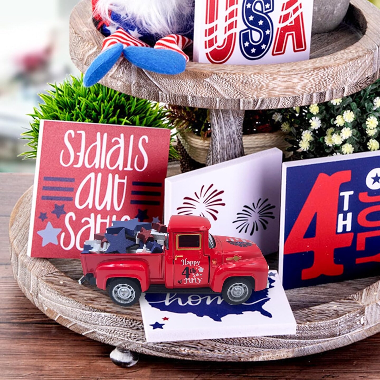 4th of July Decorations Farmhouse Metal Truck with Wooden Stars Sign Fourth of July Decor Patriotic Centerpieces for Tables Independence Day Memorial Day Red White and Blue Tiered Tray Decor for Home