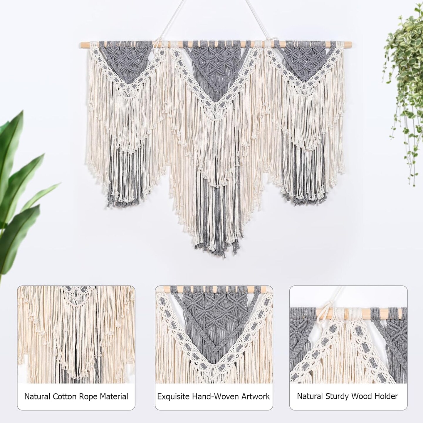 Large Macrame Wall Hanging 43 Inches Natural Cotton Rope Handmade Macrame Wall Decor - Gray and Off White