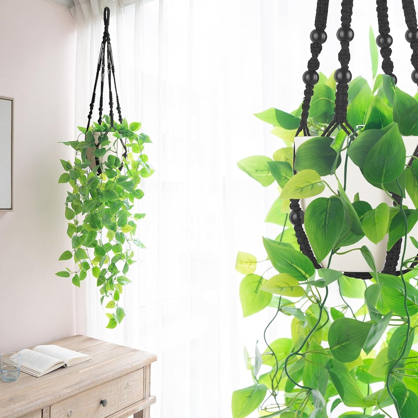 Artificial Macrame Hanging Plant with Pot (1, Black)