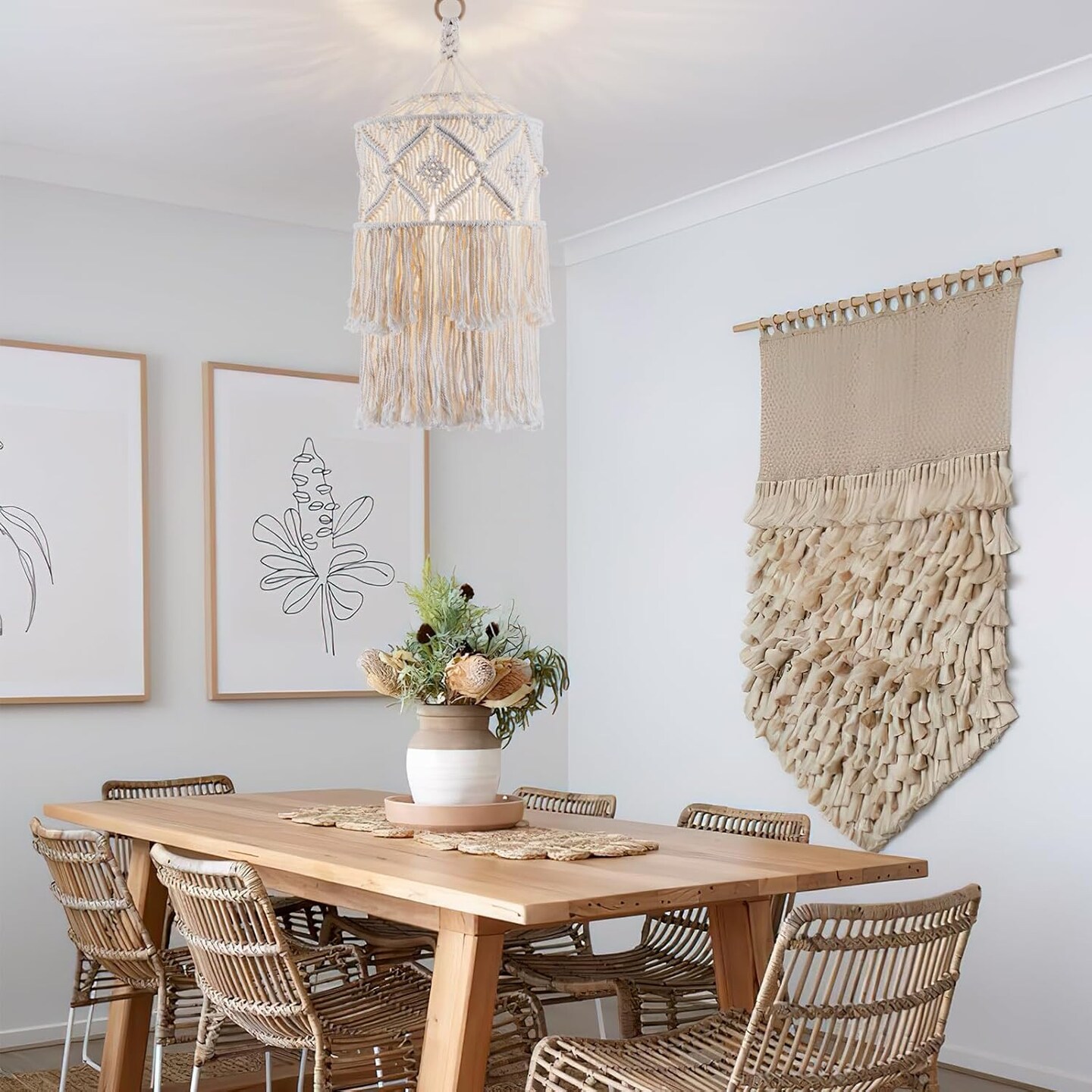 Boho Plug in Pendant Light, Hanging Light with Plug in Cord, Hanging Lamp with Handmade Macrame Lamp Shade