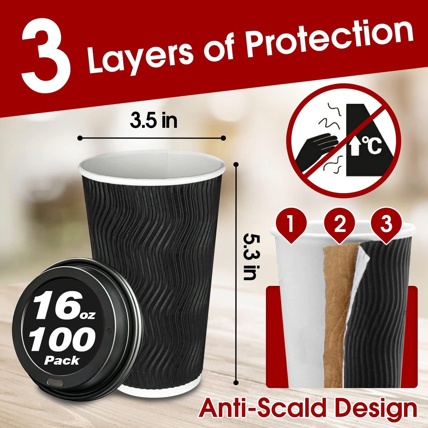 100 Pack 16 oz Disposable Insulated Coffee Cups with Lids, Paper To-Go Coffee Cups for Coffee Bars, Hot Chocolate, Cocoa, and Hot Tea Drinks - Black