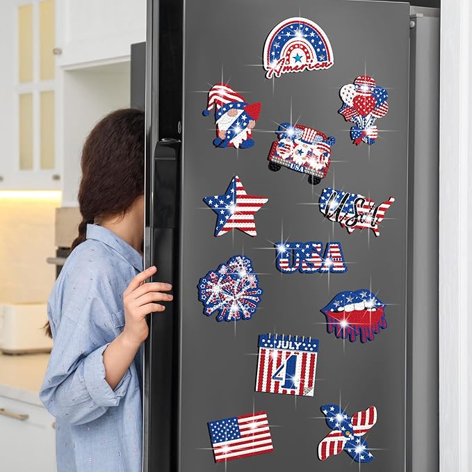 12 Pcs Refrigerator Diamond Painting Magnets Easy Diamond Art Painting Magnetic Stickers Kits Fridge Magnets for Adults DIY Home Decors(American Flag)