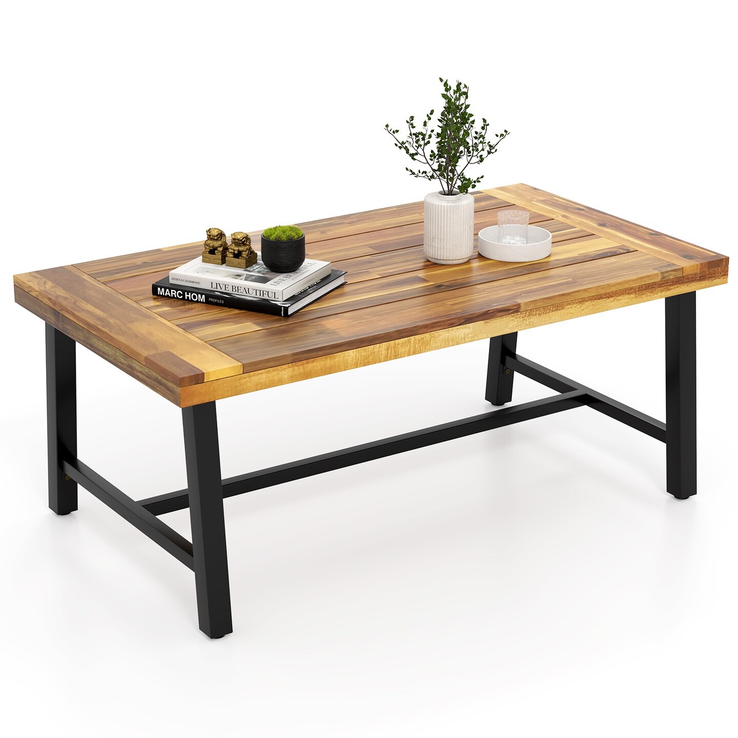 43.5" Acacia Wood Coffee Table with Thick Top and Reinforced Metal Frame Ideal for Indoor or Outdoor