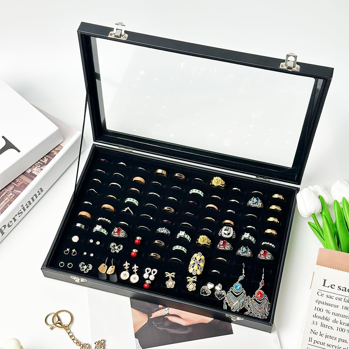 100 Slots Ring Display Case with Transparent Lid Ring Storage Box Ring Holder Case For Store Display Home Jewelry Storage Display Ring Organizer Earring Holder Display Tray