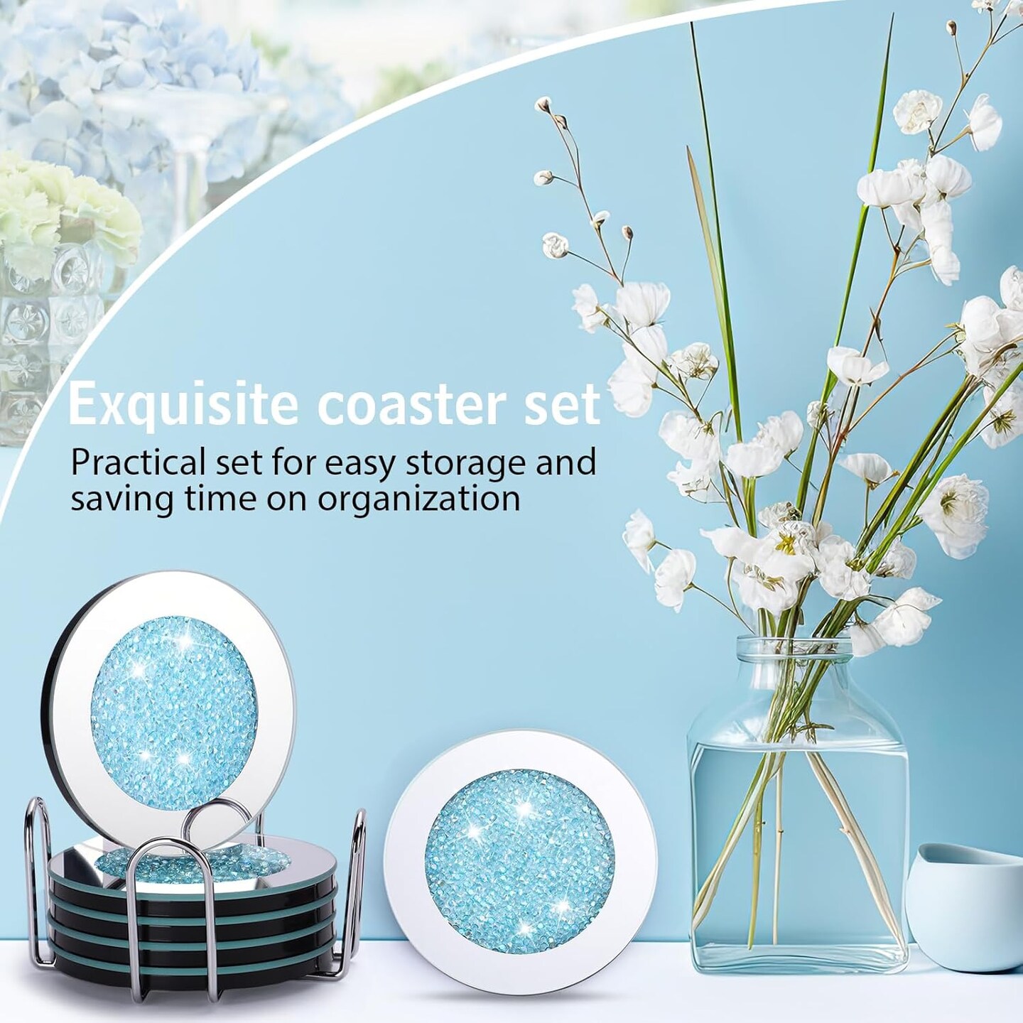 Crushed Diamond Decor Glass Coaster Coasters Set of 6 with 1 Holder, Crystal Mirrored Coasters Glitter Crushed Diamond Decoration Rhinestone Decor for Kitchen Bar Home(Navy Blue)