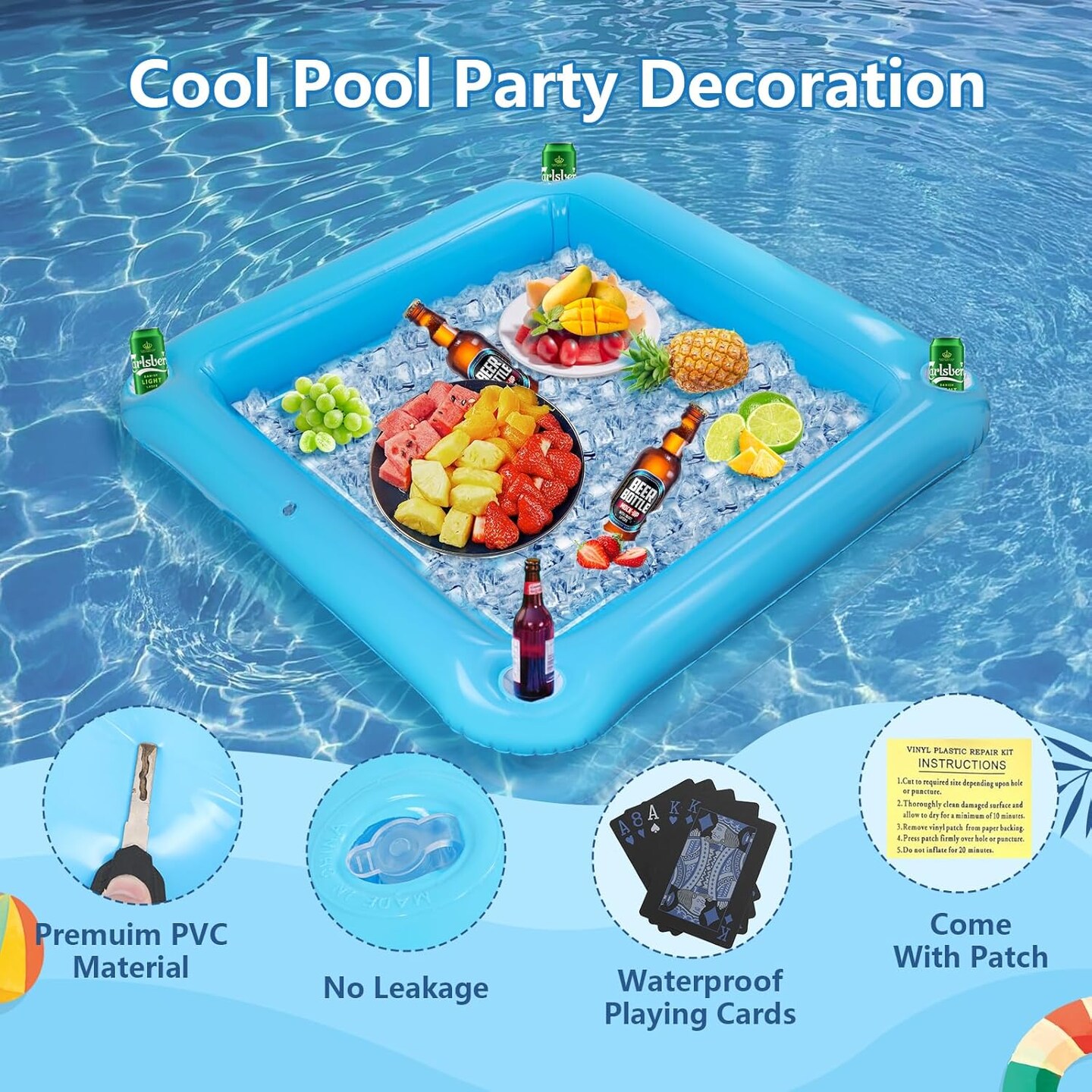 Floating Game Table for Pool - 40&#x22;x40&#x22; Inflatable Floating Table for Pool with Waterproof Playing Cards, Large Pool Float Drinking Table, Pool Float Drinks Tub Tray for Outdoor Summer Beach Party