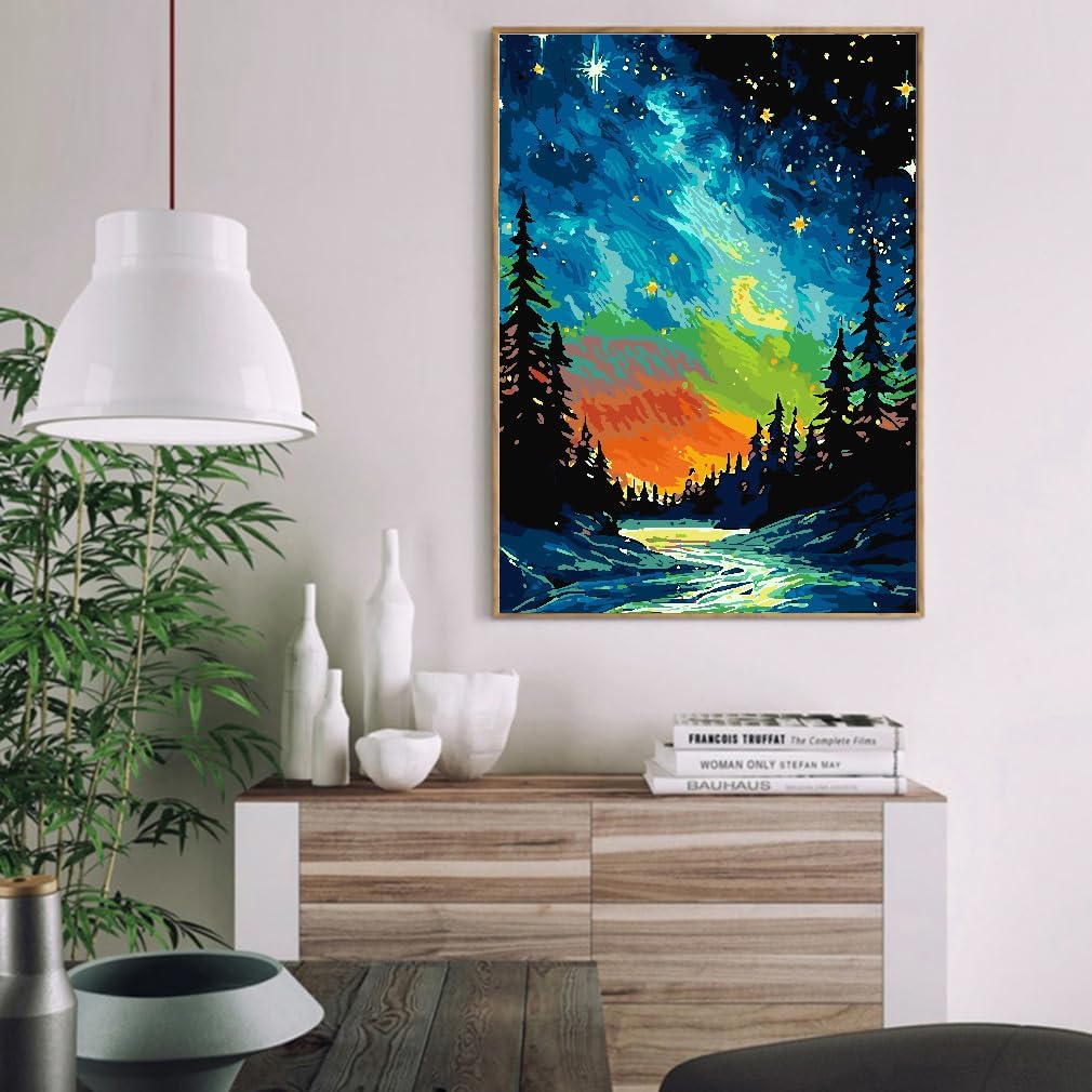 Starry Sky Paint by Numbers Kit for Adults, Easy Starry Night Acrylic Paint by Number Kits on Canvas, DIY Abstract Landscape Oil Number Painting Kits for Home Decor 12x16 Inch