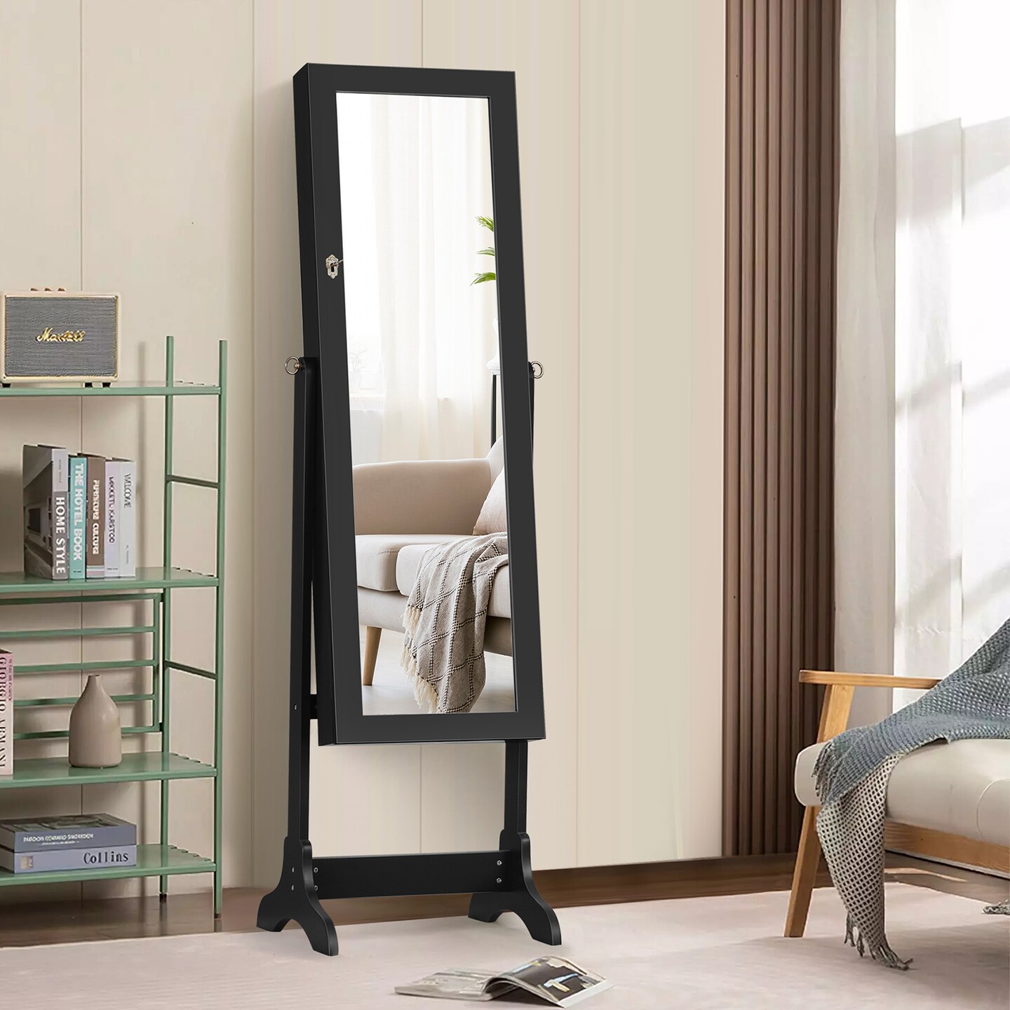 Full Length Mirror Jewelry Cabinet Armoire with Lock and Storage Space