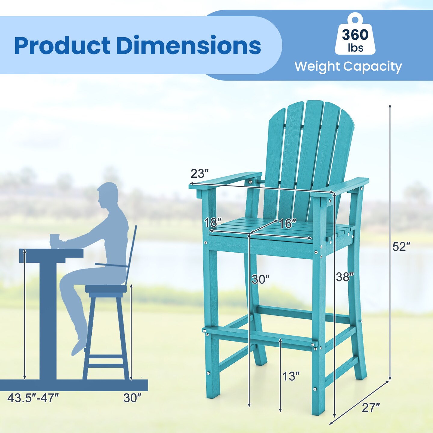 30” HDPE Tall Adirondack Bar Chair with Slatted Seat and Backrest, Footrest Support for Outdoor