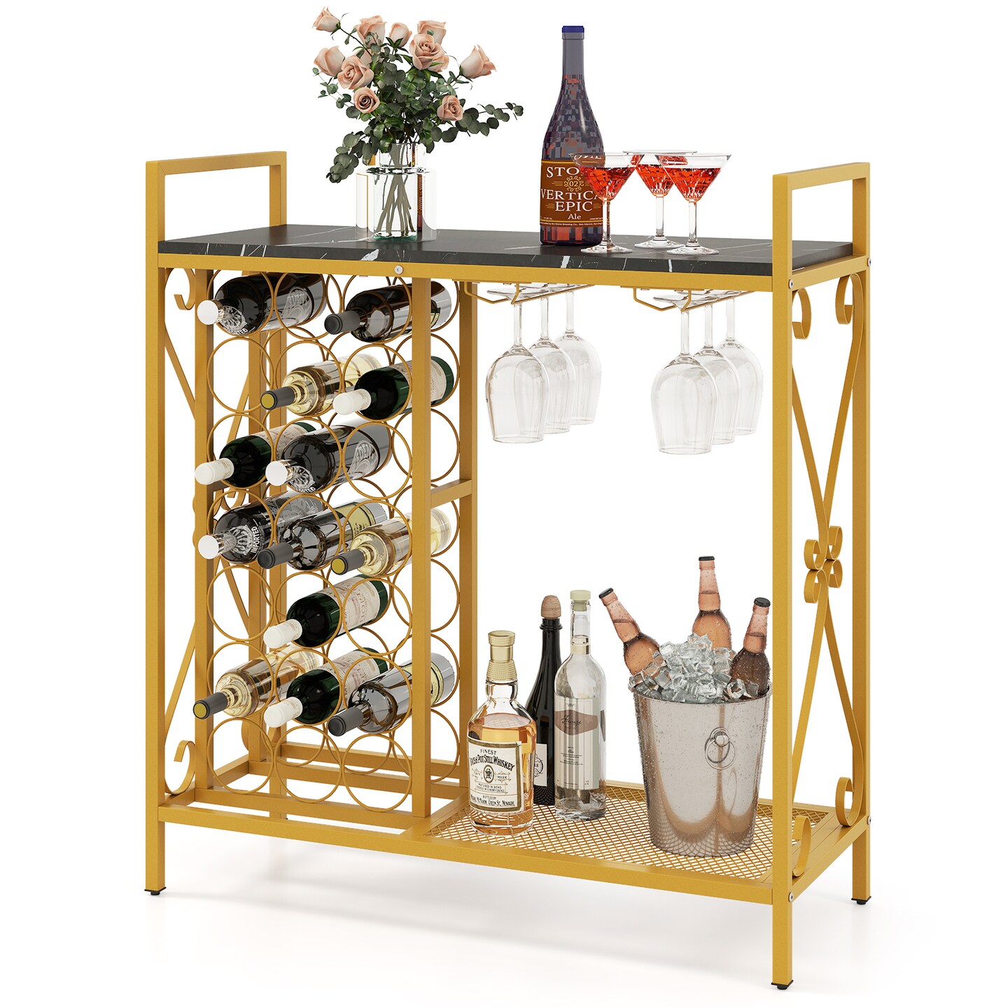 Stylish 21-Bottle Wine Rack with Black Wooden Countertop Golden Metal Frame Glass Holders and Shelf
