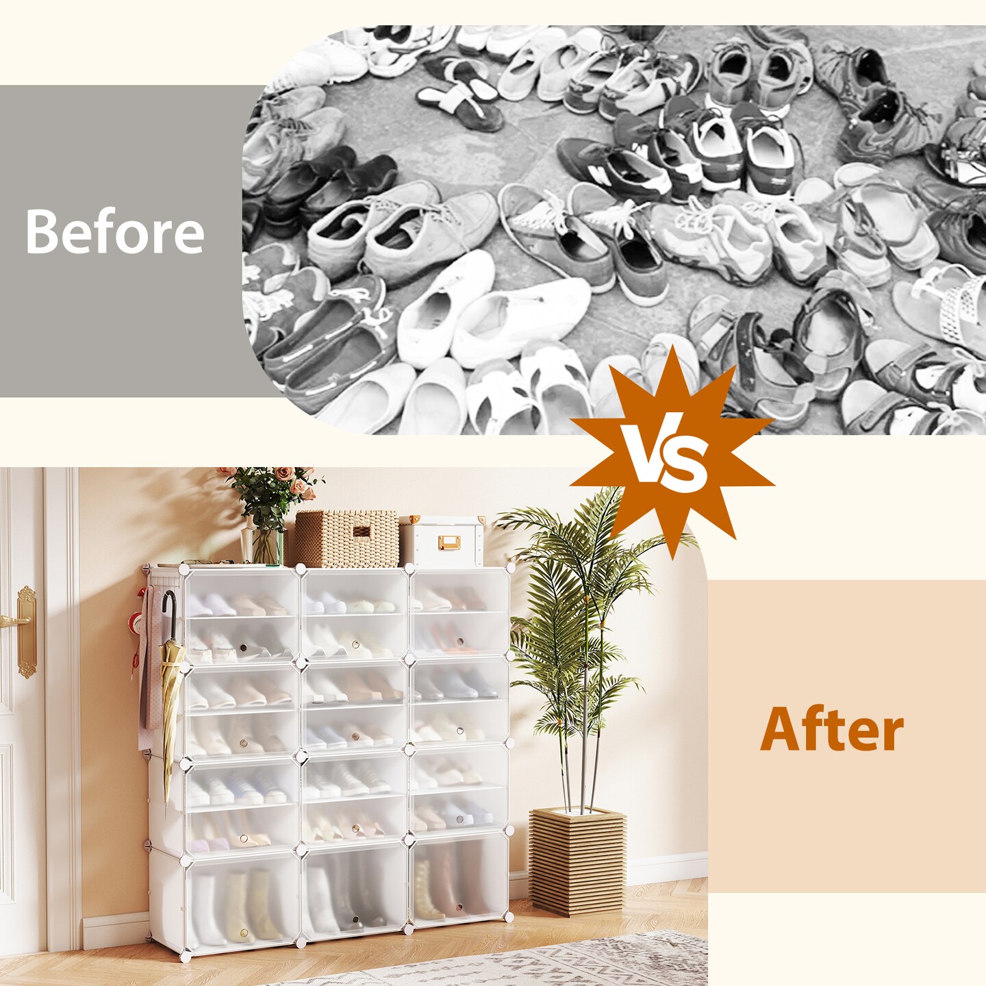 White Steel 12-Cube Modular Shoe Shelves Cabinet with Hooks and Dust-Proof Doors