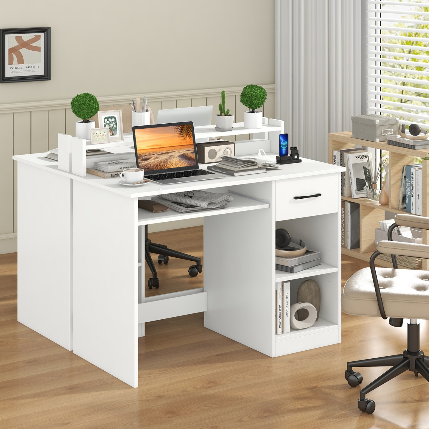 Home Office Desk with Charging Station Adjustable Shelf and Keyboard Tray