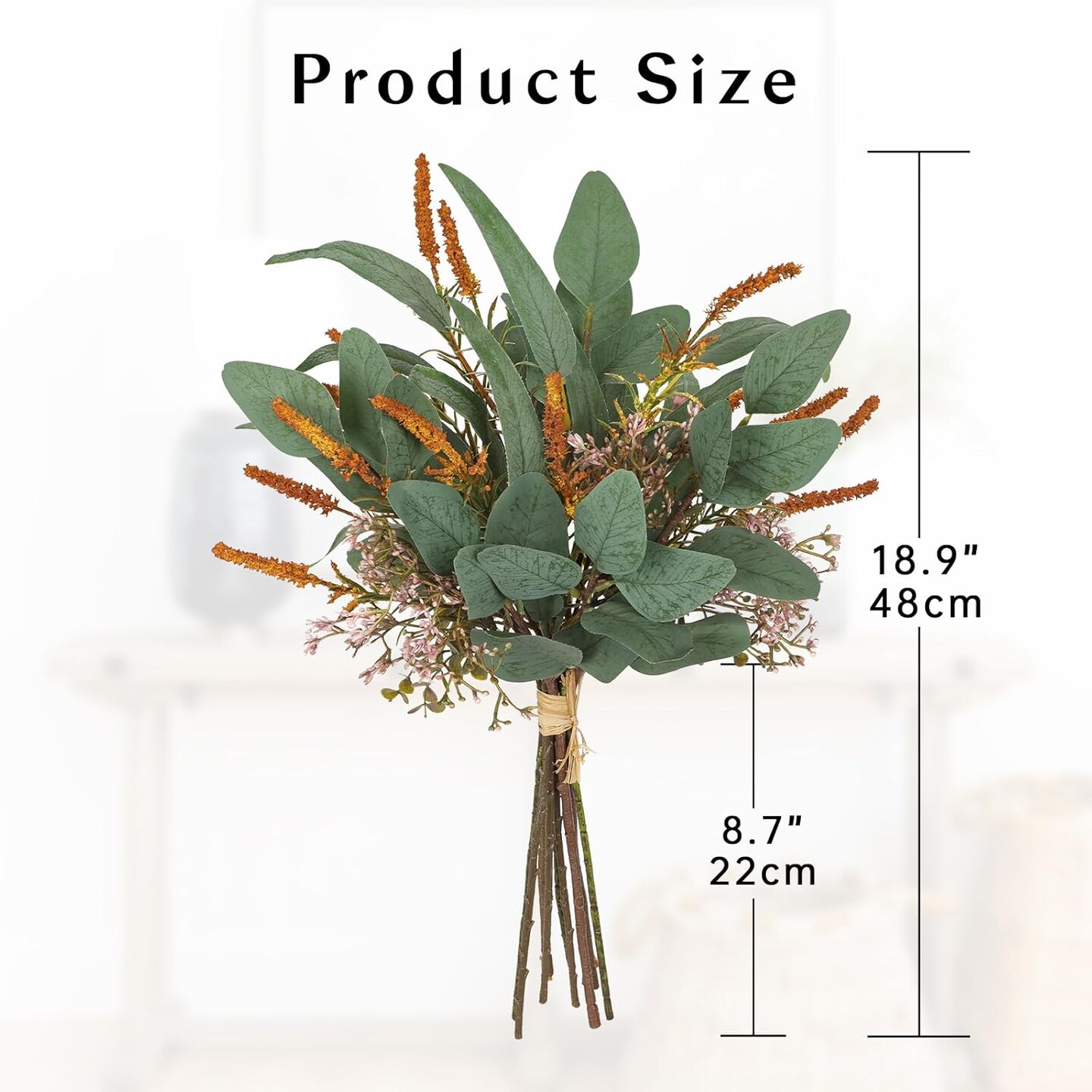 Fall Artificial Eucalyptus Bouquet with Orange Sage Leaves – 18.9" Autumn Faux Greenery Bush with Raffia Wrap for Farmhouse Decor, Thanksgiving, Table Centerpieces & Seasonal Home Styling