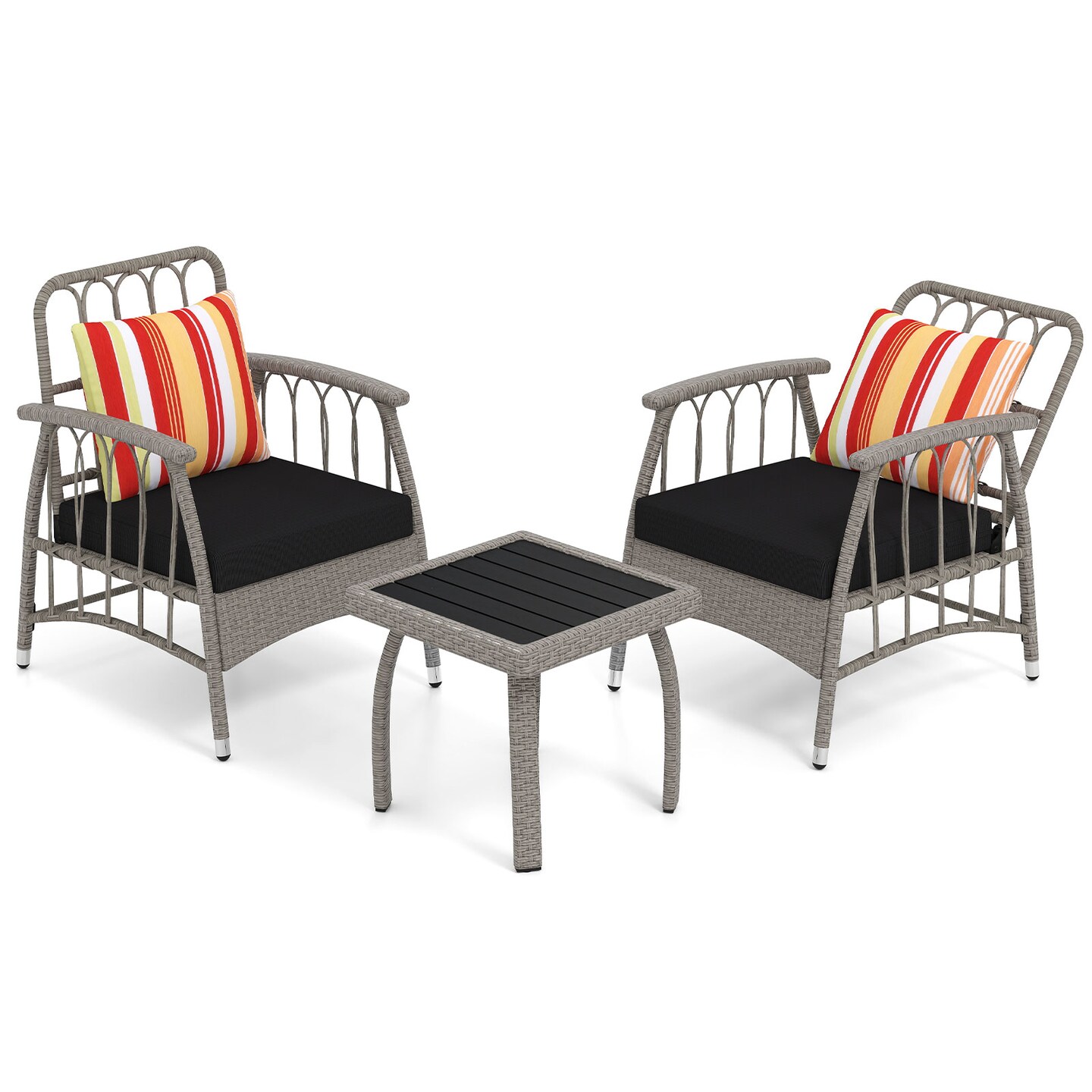 3-Piece Outdoor Patio Set Reclining PE Rattan Chairs with Cushions &#x26; Coffee Table, Adjustable Backrests, Mix Gray