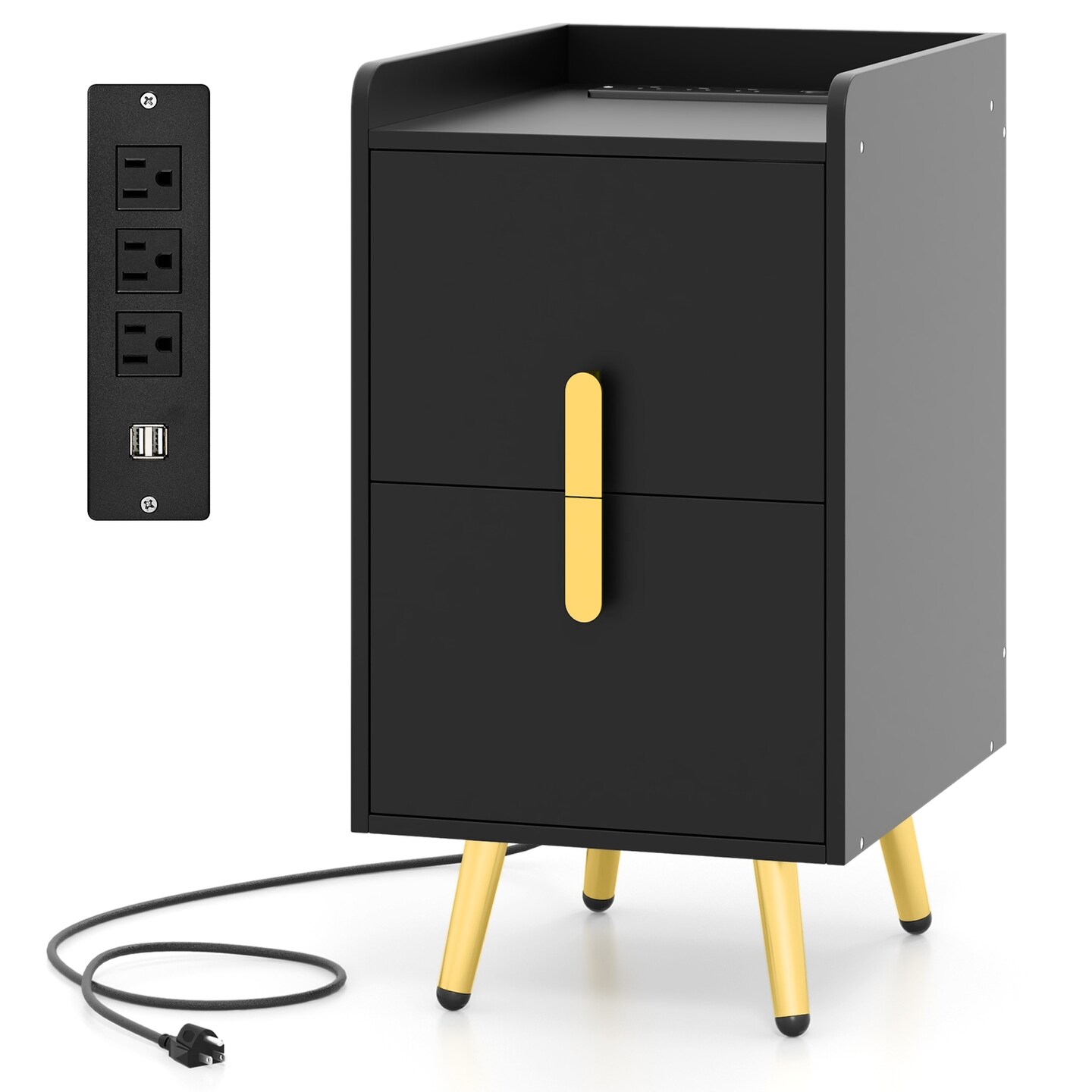 End Table Nightstand with Built-In Charging Station 2 USB Ports and 3 AC Outlets Drawers for Bedroom Office