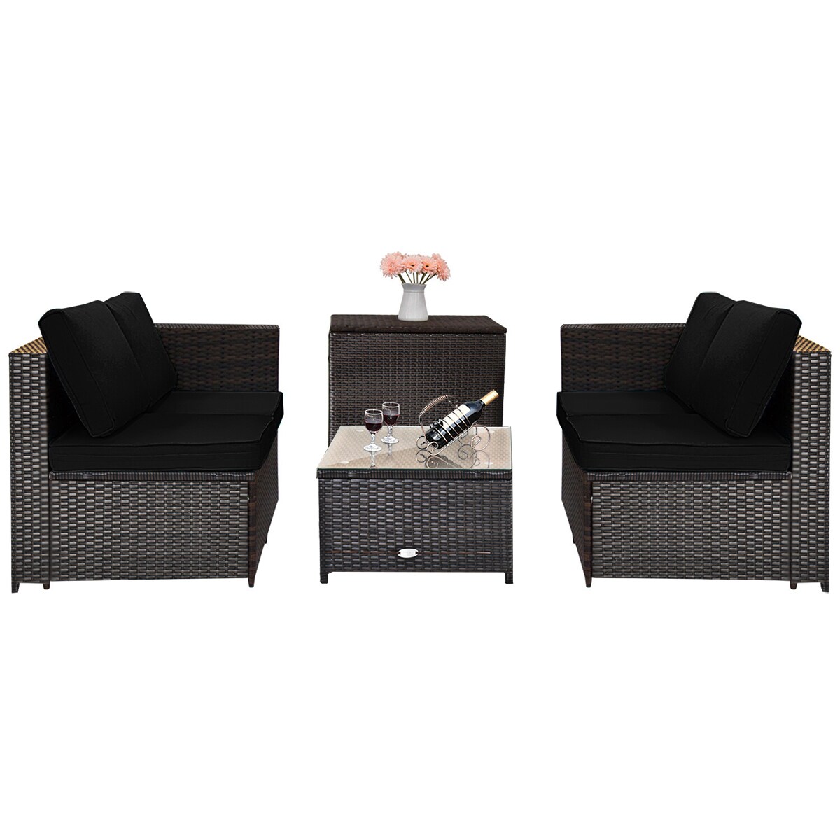 Black Outdoor Patio Furniture Set Steel & Rattan Loveseat Coffee Table