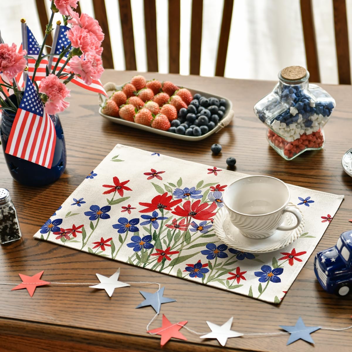 Poppy Flowers Leaves 4th of July Placemats Set of 4, 12x18 Inch Memorial Day Patriotic Featival Holiday Table Mats