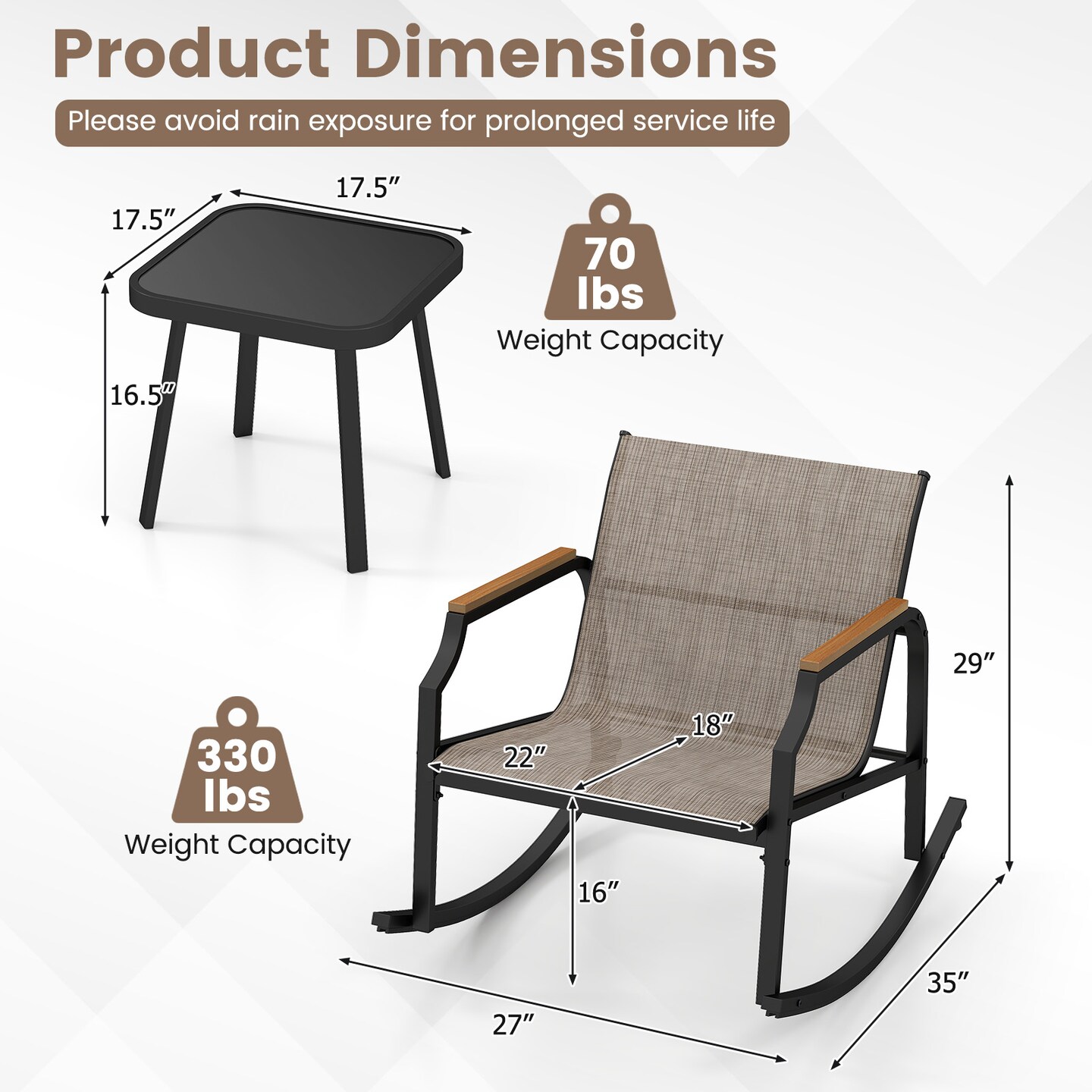 3-Piece Patio Rocking Bistro Set Black &#x26; Brown Metal Chairs with Quick-Dry Fabric