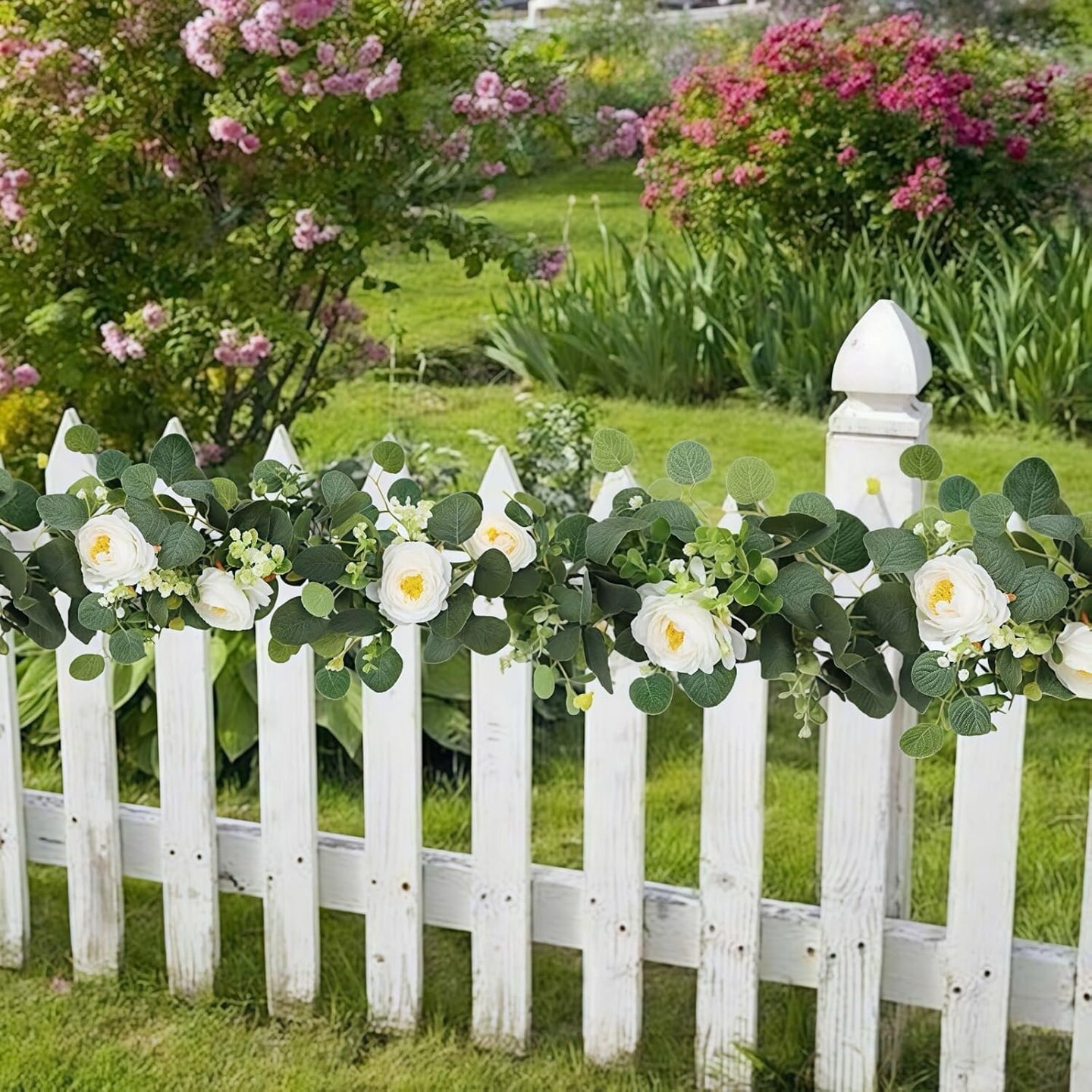 2 Pack 5.9Ft Artificial Eucalyptus Garland with Flowers Fake White Rose Vines Greenery Garland Hanging Plants Decor for Wedding Arch Centerpiece Party Table Backdrop Decoration