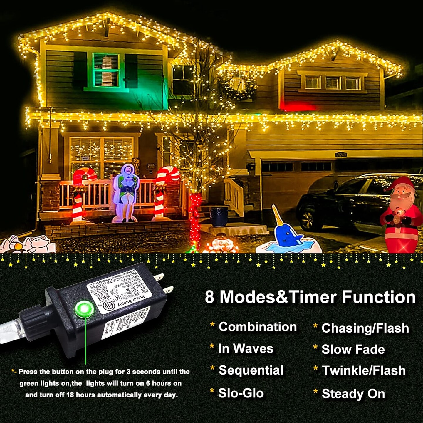 400 LED Christmas Lights Outdoor Waterproof, 33ft Icicle Lights for Outside 8 Modes with 75 Drops, Plug in Icicle Christmas Light Outdoor