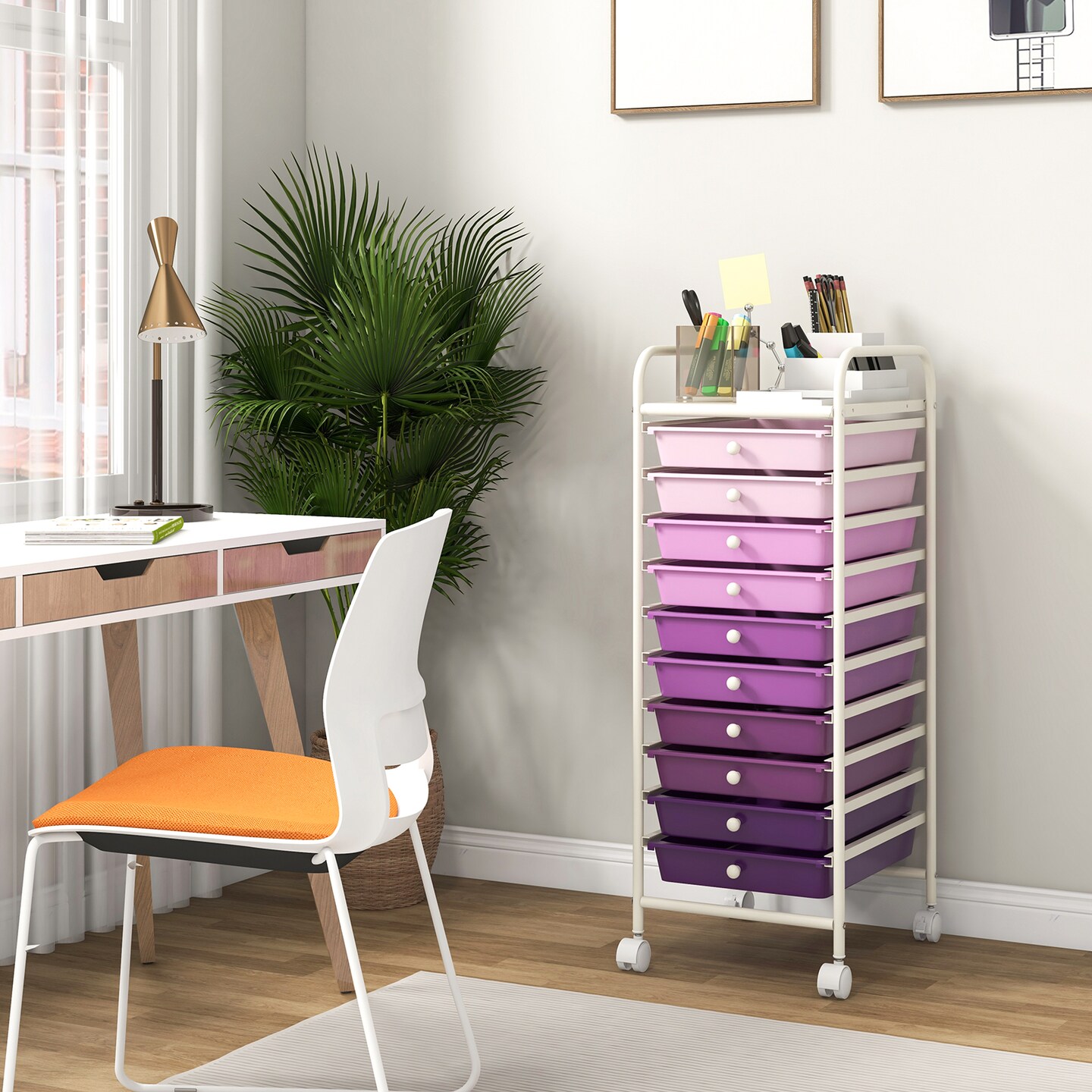 10-Drawer Rolling Storage Cart with Clear Drawers Steel Frame and Locking Wheels for Home or Office Use