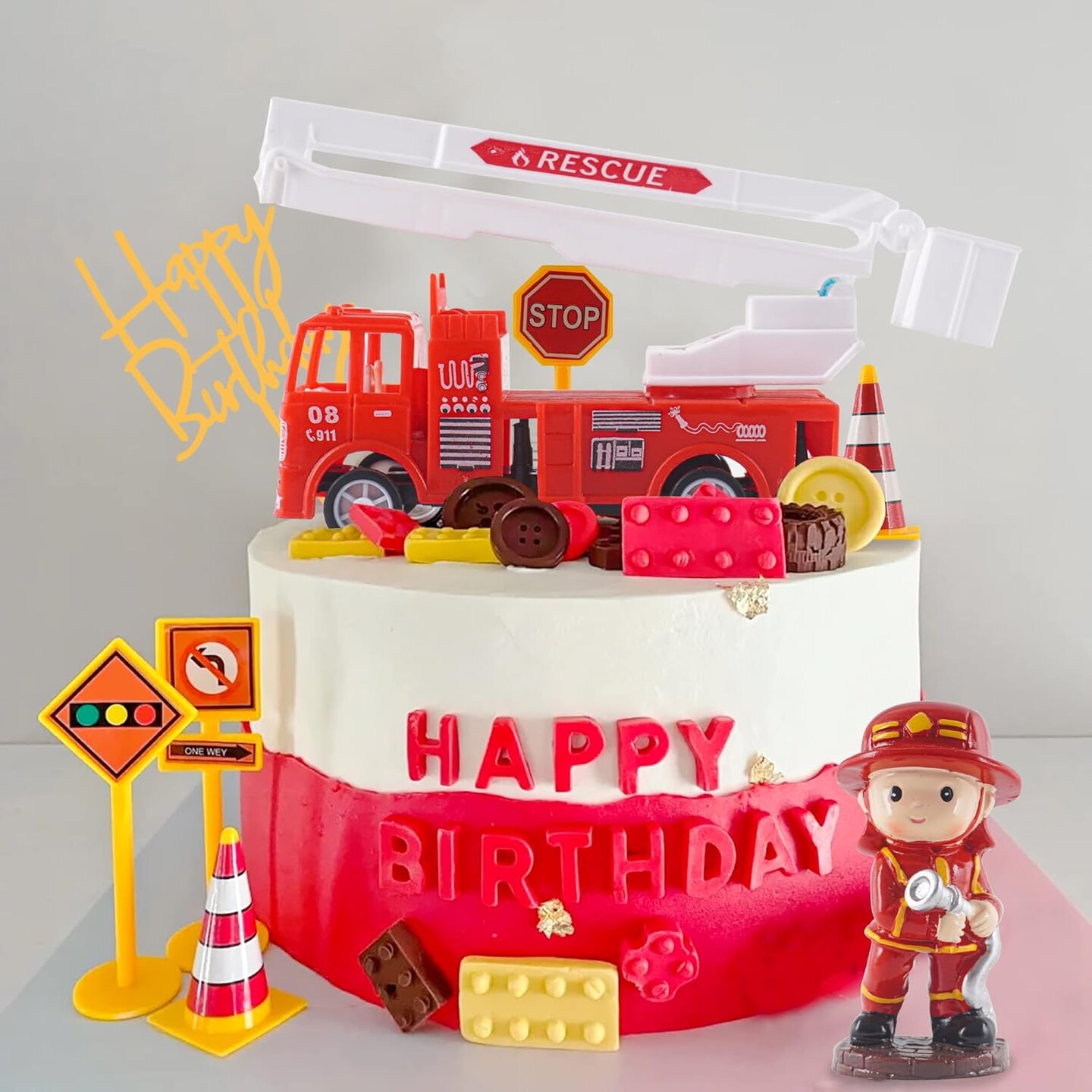 Fire Truck Cake Topper Firefighter Cake Decoration Fireman Themed Happy Birthday Cake Toppers,Truck Firefighter Figurines Cake Topper for Fireman Theme Baby Shower birthday party Decoration(10PCS)