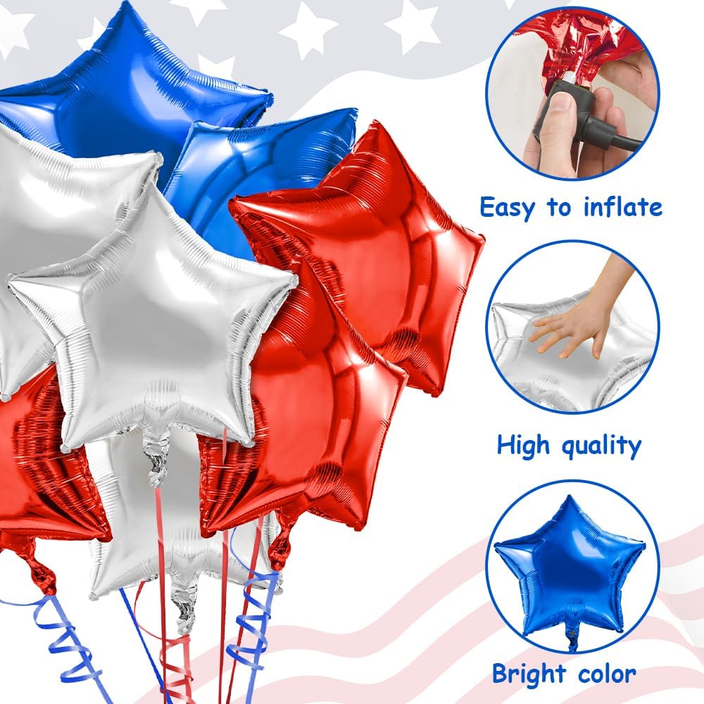 4th of July Balloons, 30 PCS Red White and Blue Star Balloons, 18 Inch Patriotic Balloon, Pentagram Foil Balloon for Fourth of July
