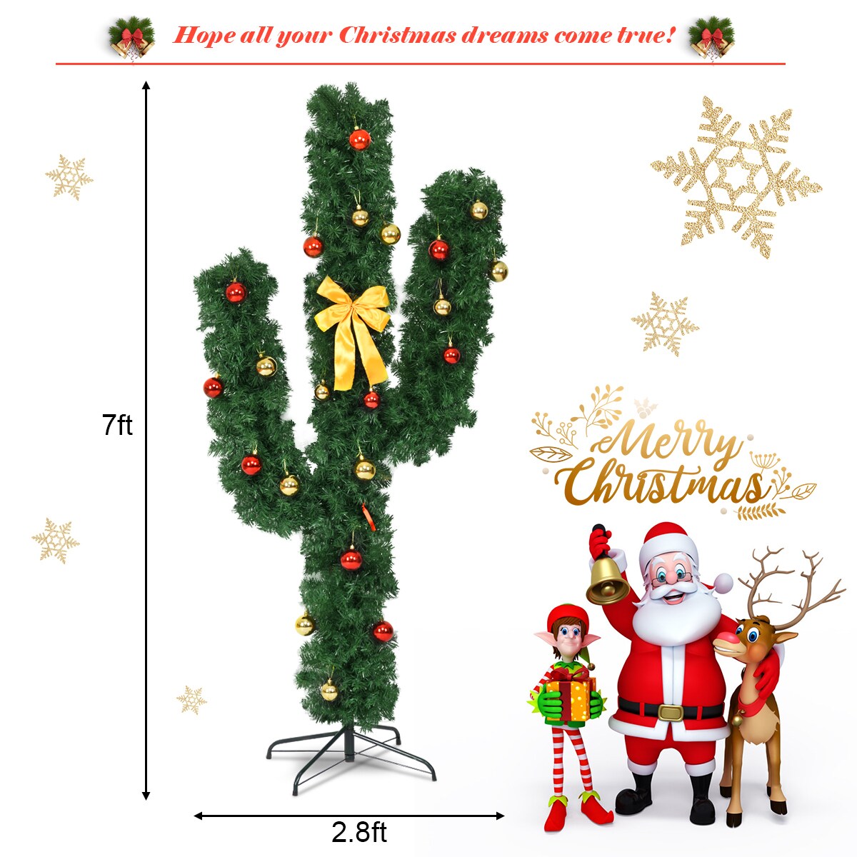 7ft Green Cactus Christmas Tree Prelit with LED and Ball Decorations