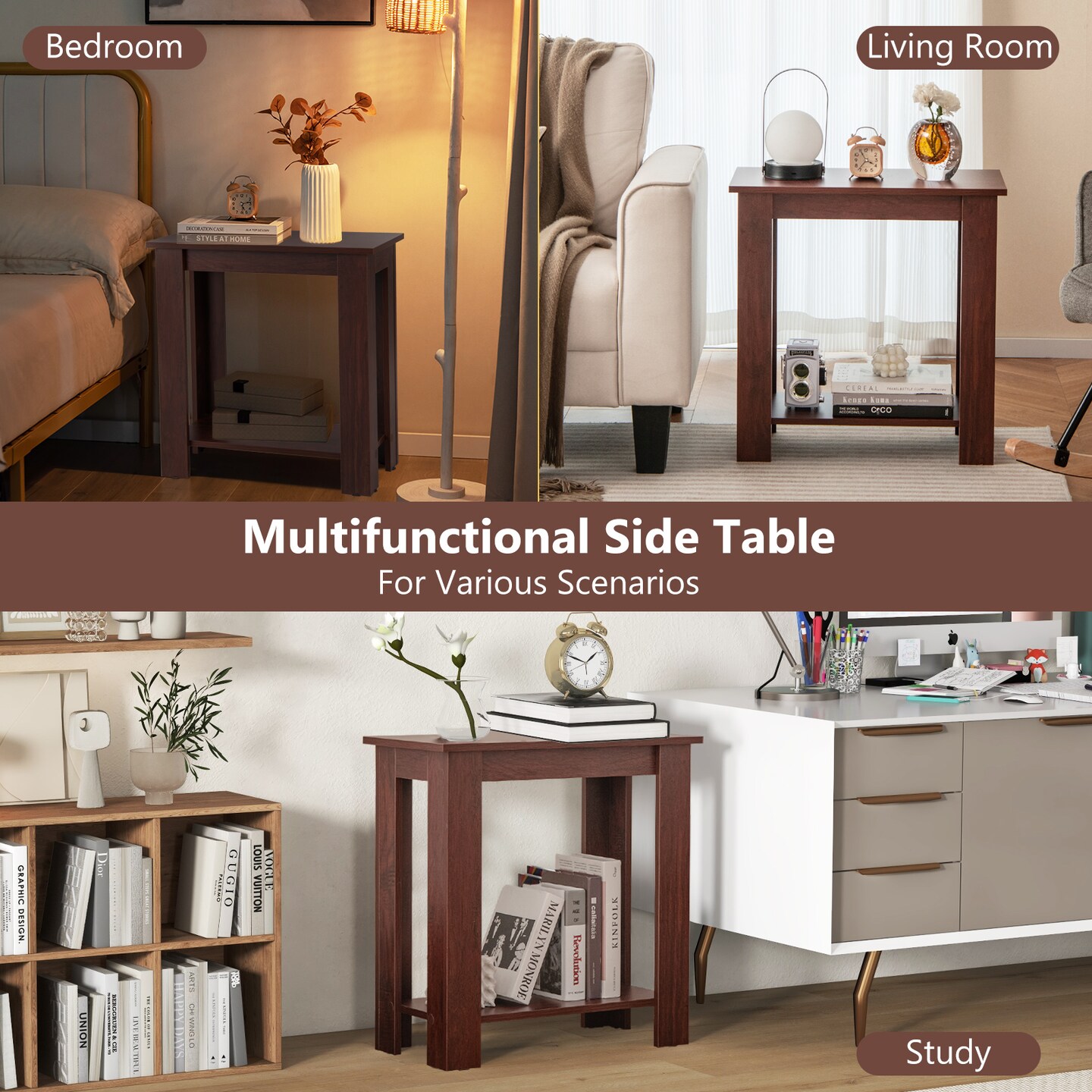 Modern 2 Tier Brown Wooden End Table with Storage Shelf for Living Room or Bedroom