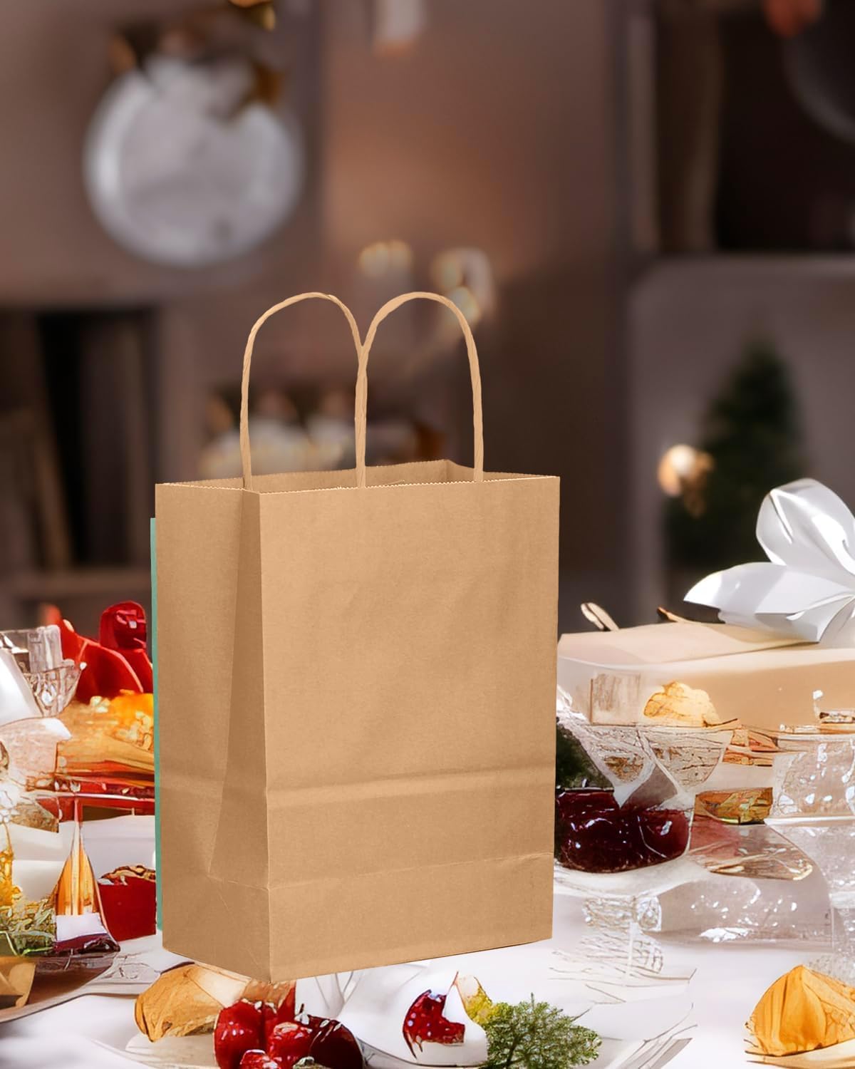 100-Packs Brown Paper Gift Bags with Handles Bulk 8.26&#x22;&#xD7;6&#x22;&#xD7;3.15&#x22; Small Size Gift Bags Multiple Uses